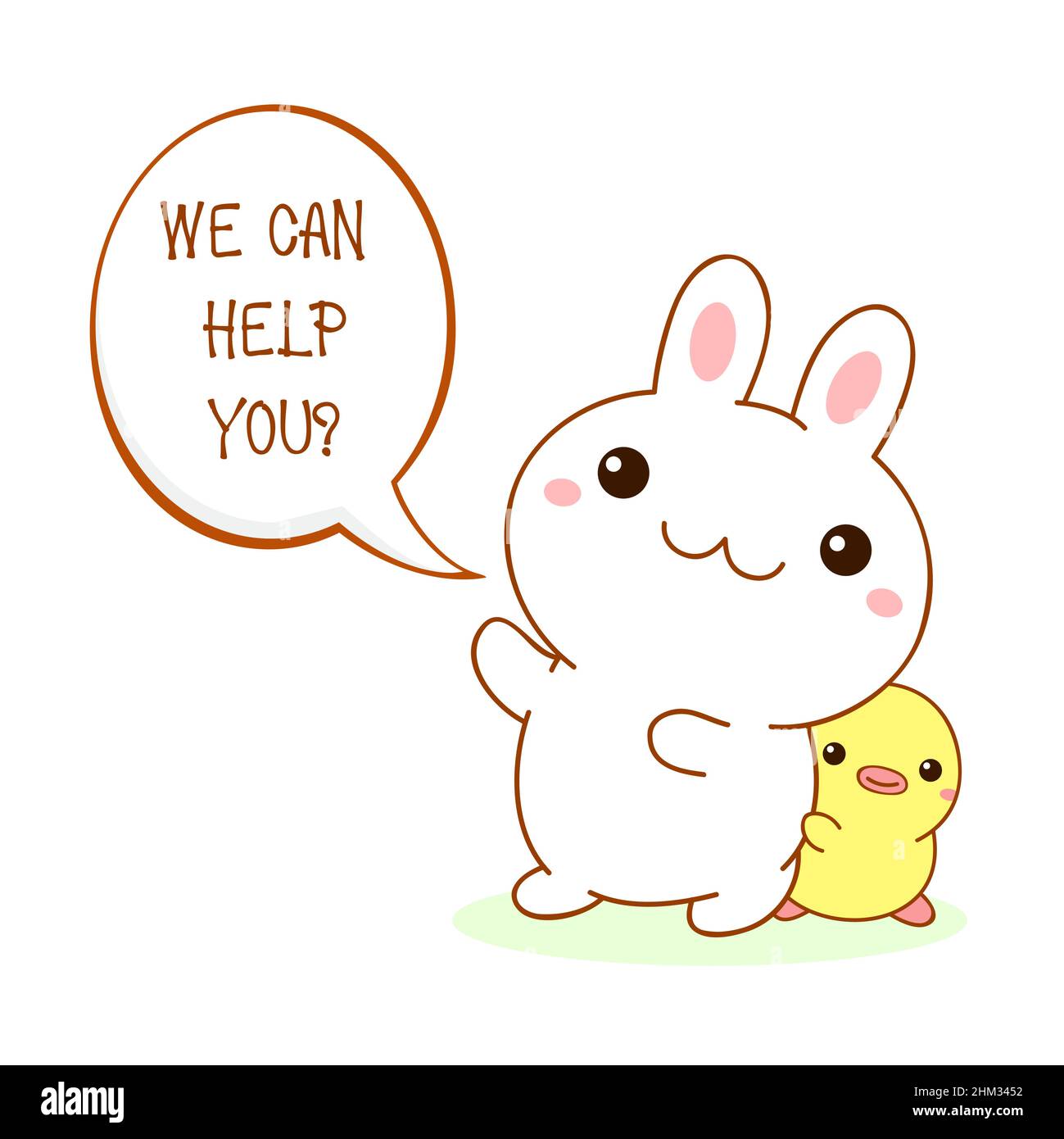 Customer support. Kawaii bunny and duckling offers to help. Assistance concept. Cute little helpers - friends duck and rabbit. Vector Illustration EPS Stock Vector