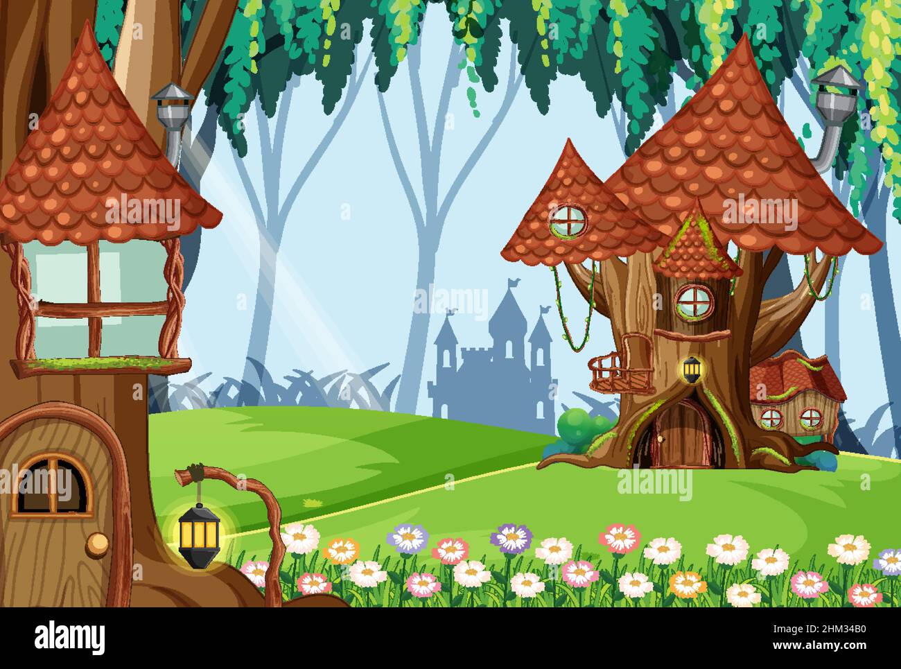 Fantasy tree houses in the forest illustration Stock Vector Image & Art ...
