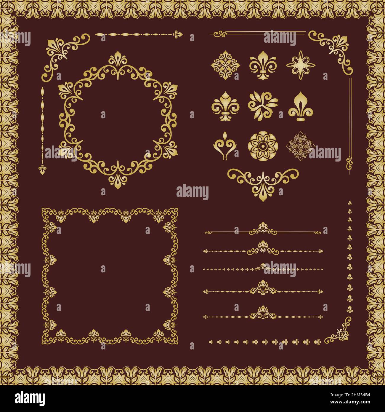 Vintage set of vector horizontal, square and round elements. Golden ...