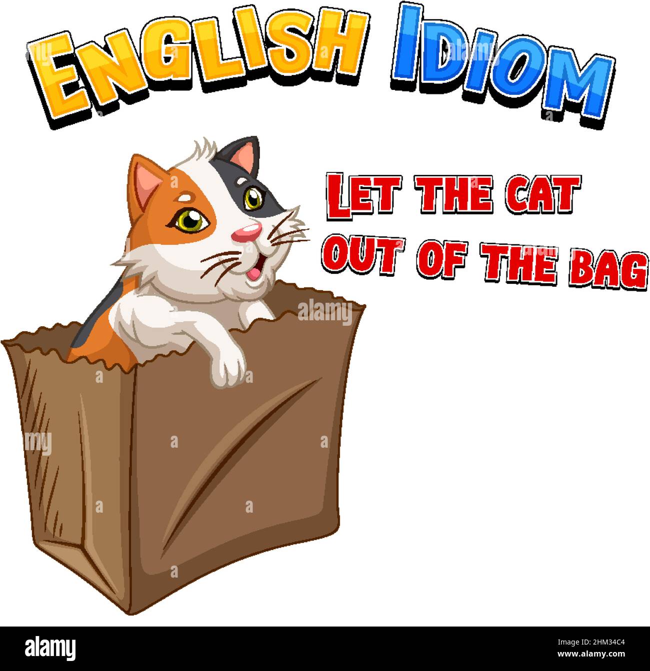 English idiom with let the cat out of the bag illustration Stock Vector  Image & Art - Alamy