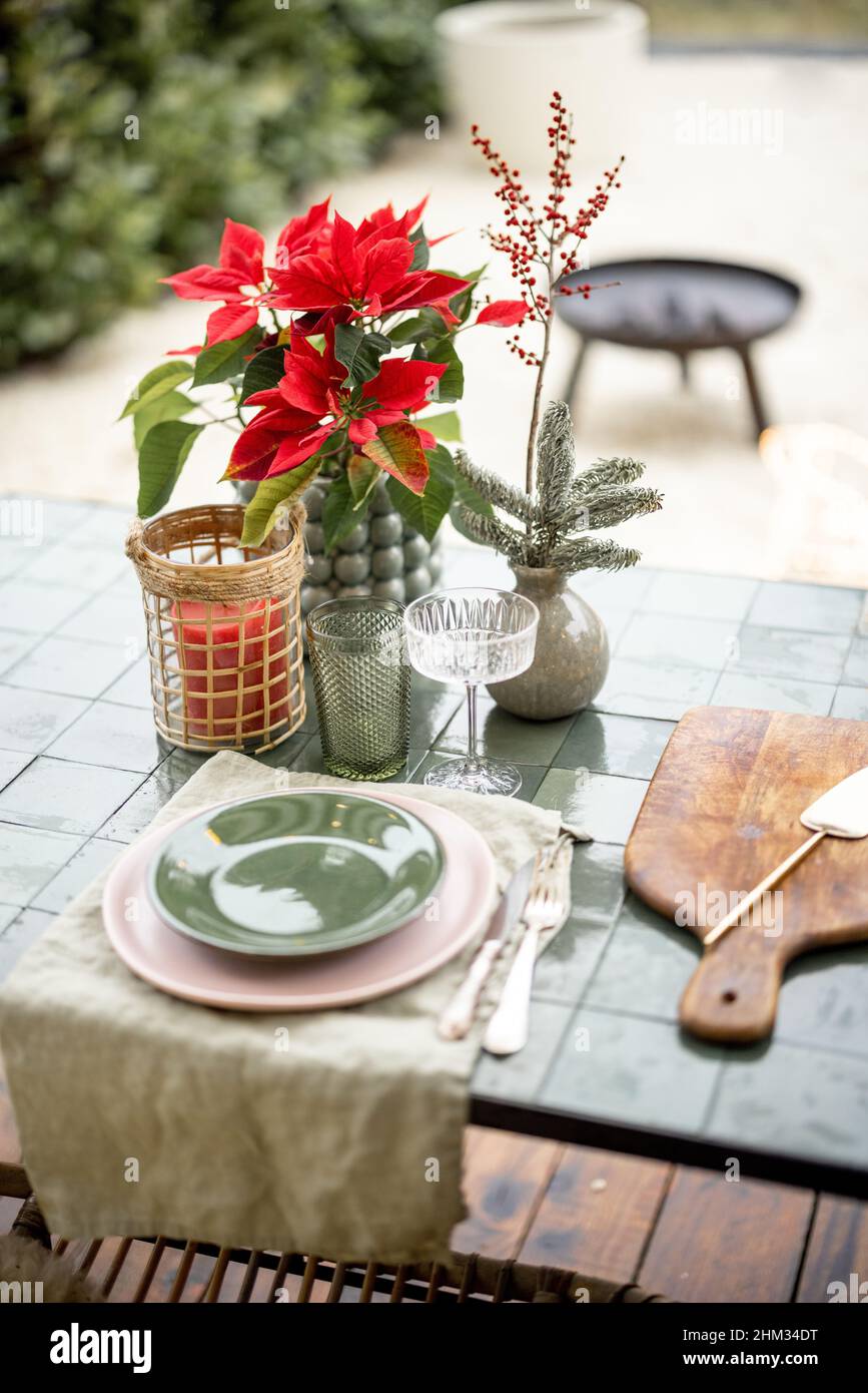 Served table for dinner at backyard Stock Photo