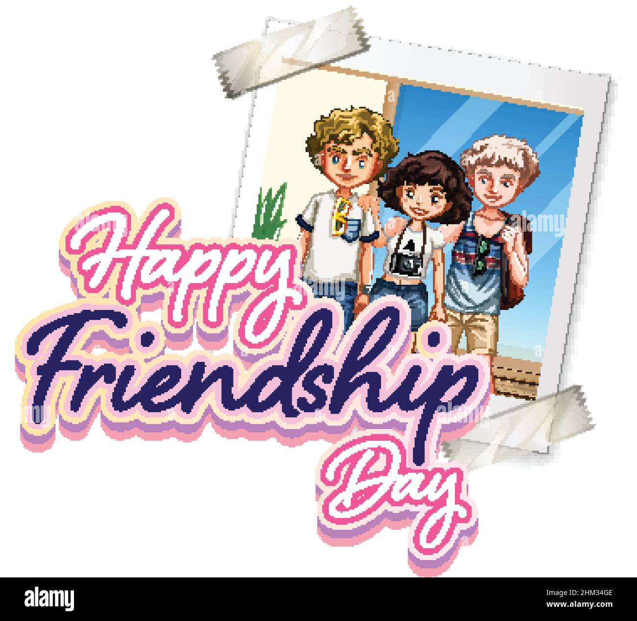 Happy Friendship Day logo with a photo of teenagers illustration Stock Vector