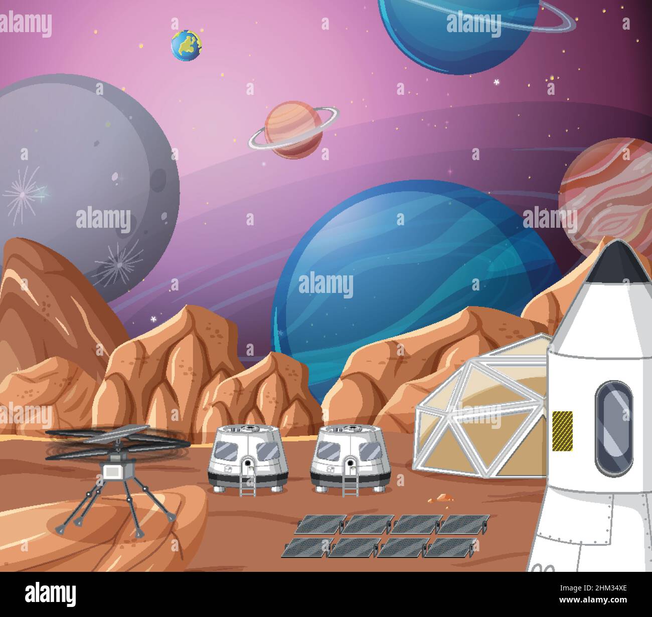 Landscape of planet surface with colony buildings illustration Stock ...