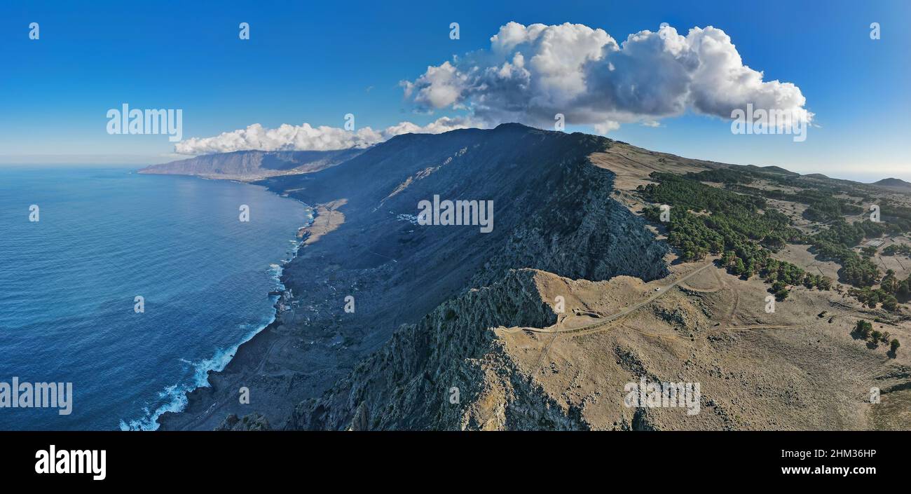 Aerial panoramic view into Valley 'El Golfo' from Mirador de Bascos at El Hierro, Canary Islands Stock Photo