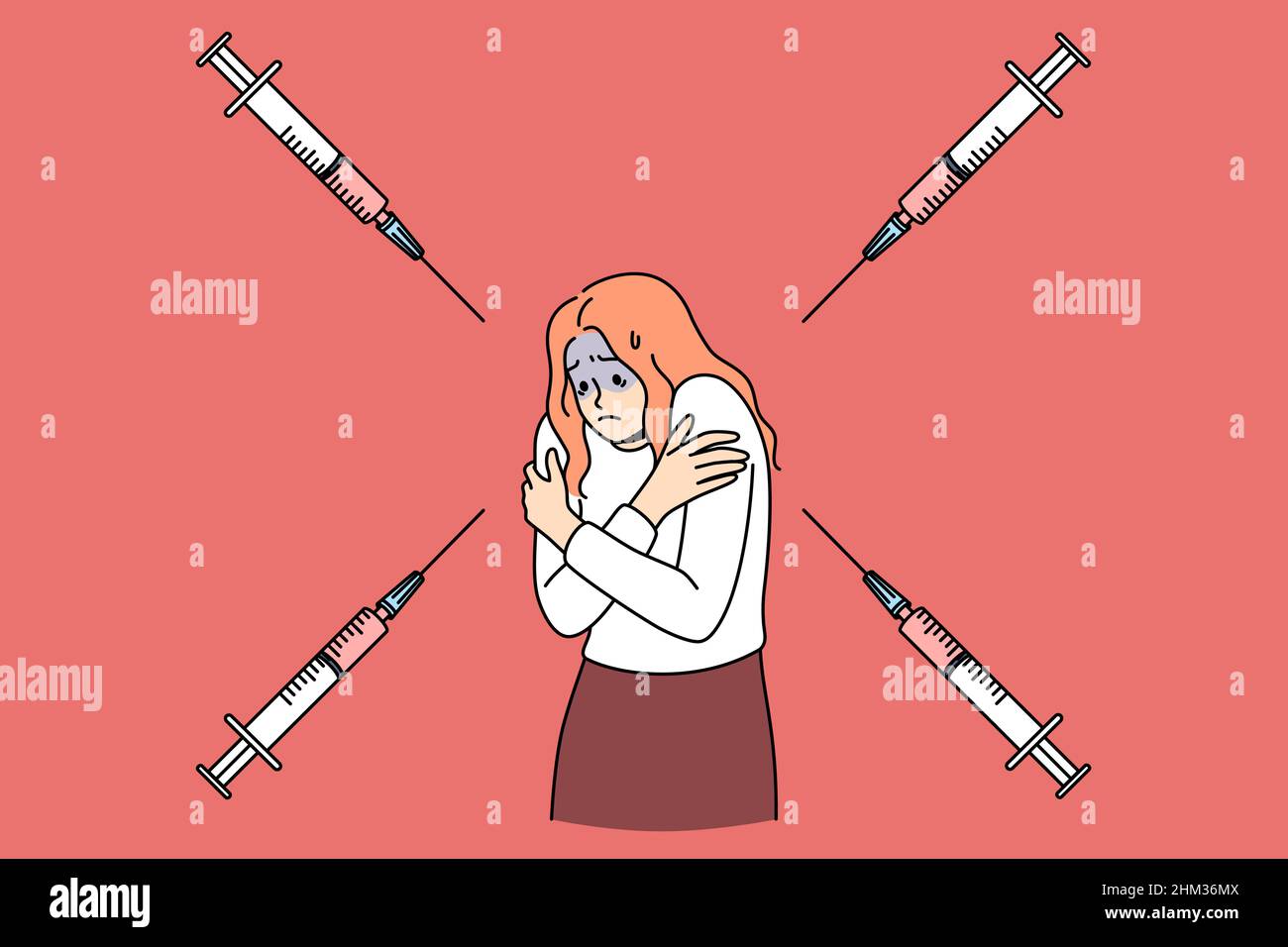 Feeling afraid of infections concept. Stressed scared afraid girl standing feeling panic covering shoulders with syringe pointing at her vector illustration  Stock Vector