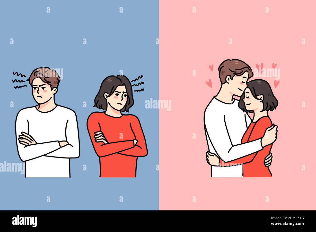 Young couple fight and love. Man and woman hug and cuddle or quarrel and ignore. Lover relationship problems. Marriage and relations trouble. Counseling help. Vector illustration.  Stock Vector