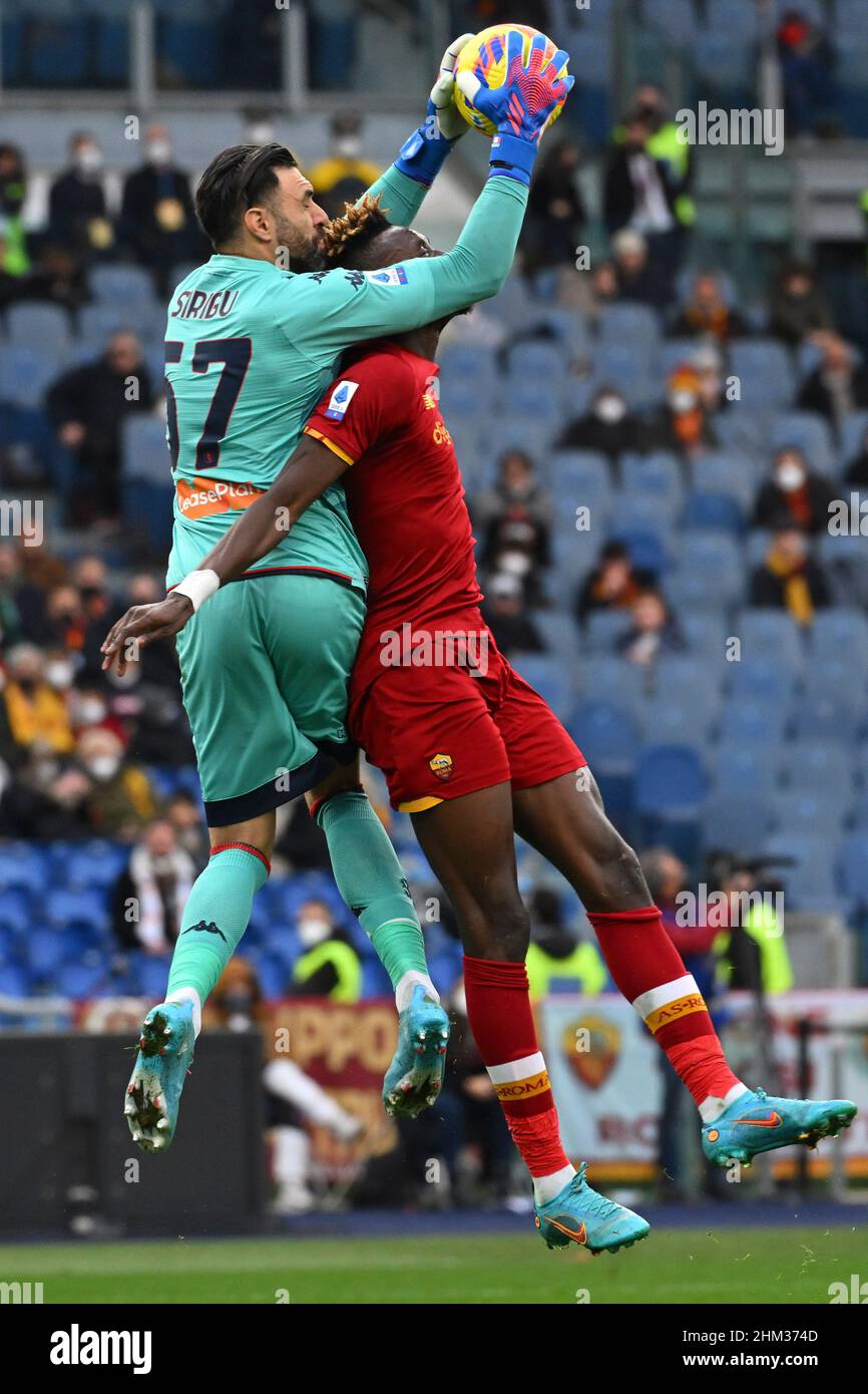 Salvatore Sirigu of Genoa CFC and Tammy Abraham of A.S. Roma during the  24th day of the Serie A Championship between A.S. Roma vs Genoa CFC on 5th  February 2022 at the