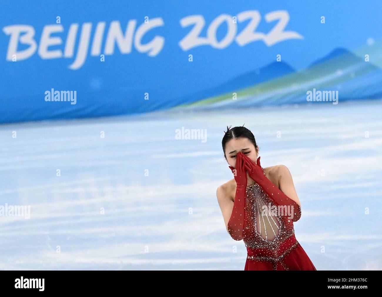 Beijing, China. 7th Feb, 2022. Zhu Yi of China cries during the figure skating team event ice dance free dance at Capital Indoor Stadium in Beijing, capital of China, Feb. 7, 2022. Credit: Ma Ning/Xinhua/Alamy Live News Stock Photo