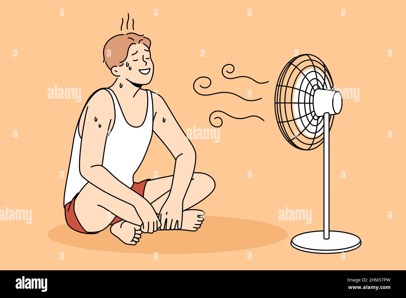 Sweating and cooling air concept. Young positive man in sportswear sitting on floor sweating and