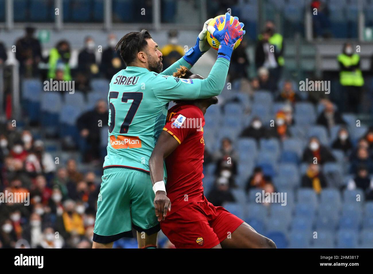 Salvatore Sirigu of Genoa CFC and Tammy Abraham of A.S. Roma during the  24th day of the Serie A Championship between A.S. Roma vs Genoa CFC on 5th  February 2022 at the