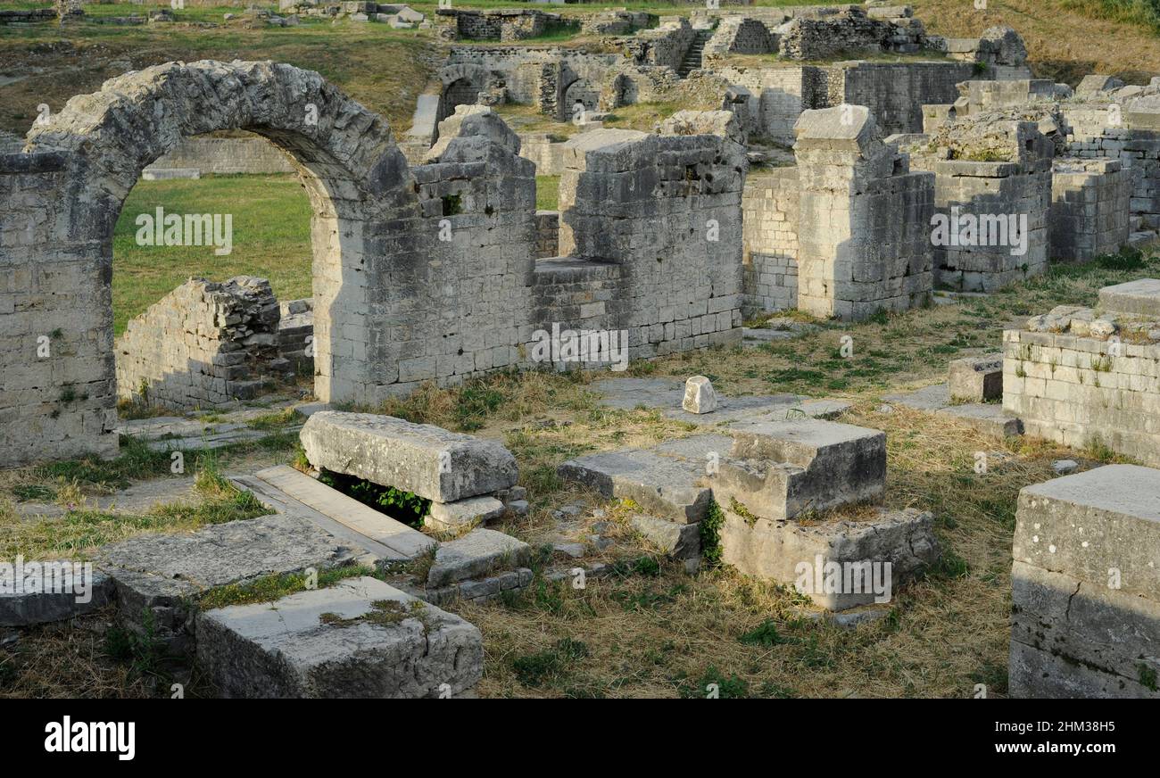 Croatia, Solin. Ancient city of Salona. Colonia Martia Ivlia Valeria. It was the capital of the Roman province of Dalmatia. Ruins of the amphitheater, built in the second half of the 2nd century AD. Stock Photo