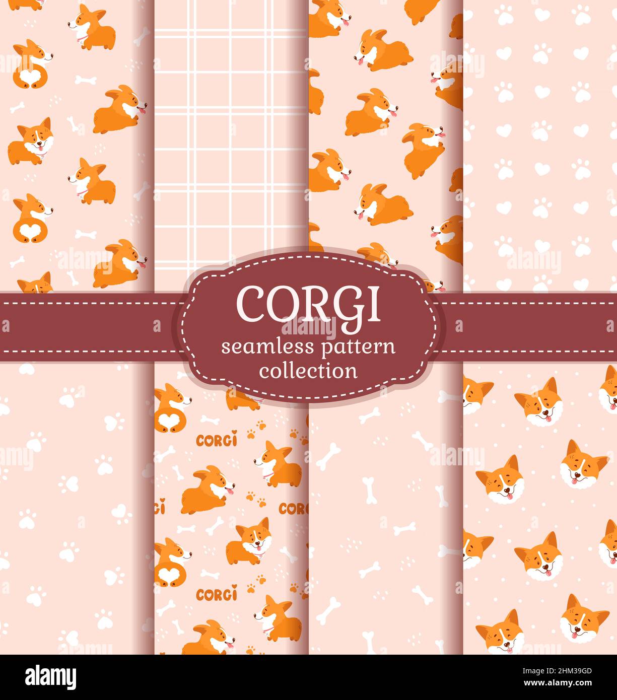 Corgi seamless pattern collection with cute welsh corgi puppies, as well as abstract backgrounds. Vector collection with funny dog characters. Stock Vector