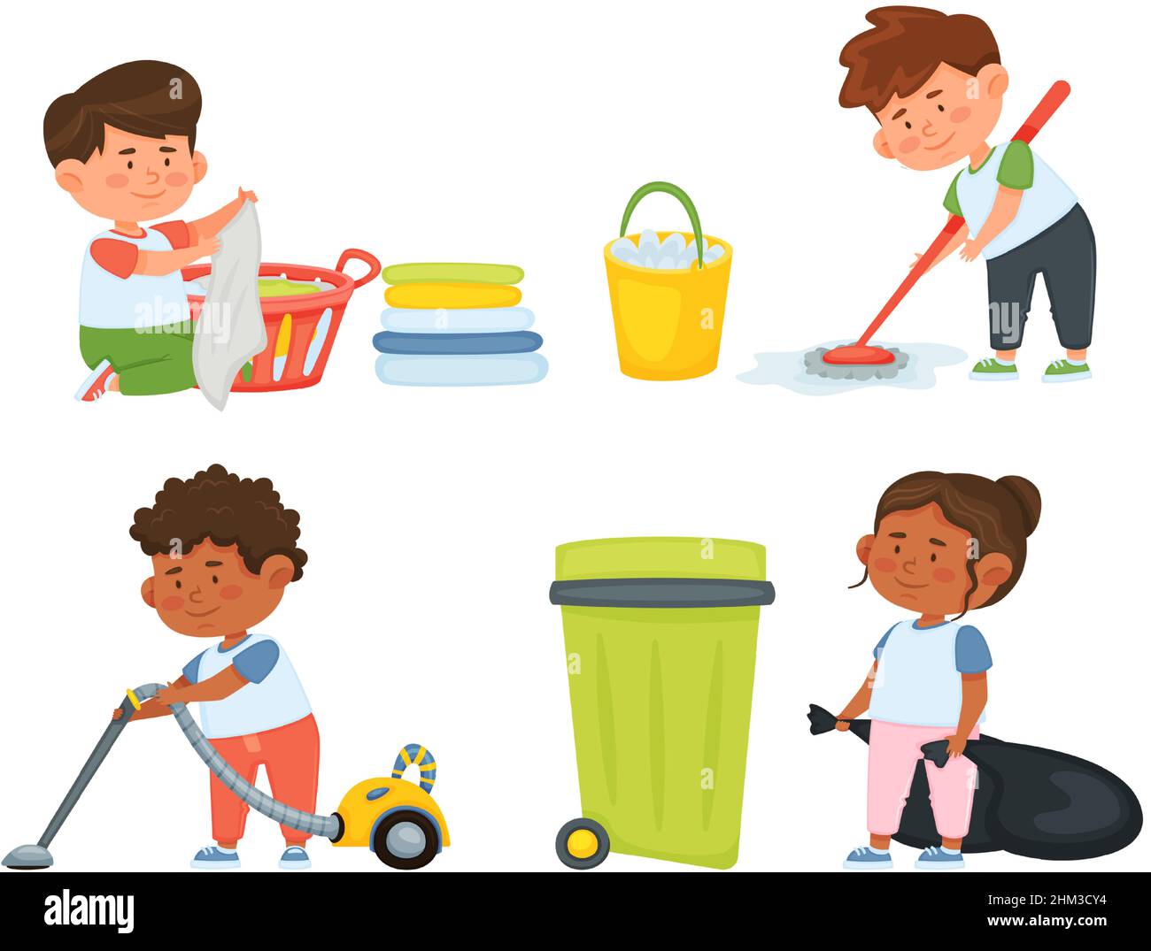 Cartoon children doing housework. Boys and girl helping parents with laundry, washing and vacuuming floor and taking out garbage. Characters doing cleanup or household chores vector Stock Vector