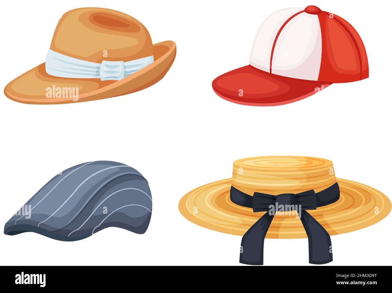 Cartoon hats. Female and male beach sun headwear with white and black  ribbon bows. Teenage baseball