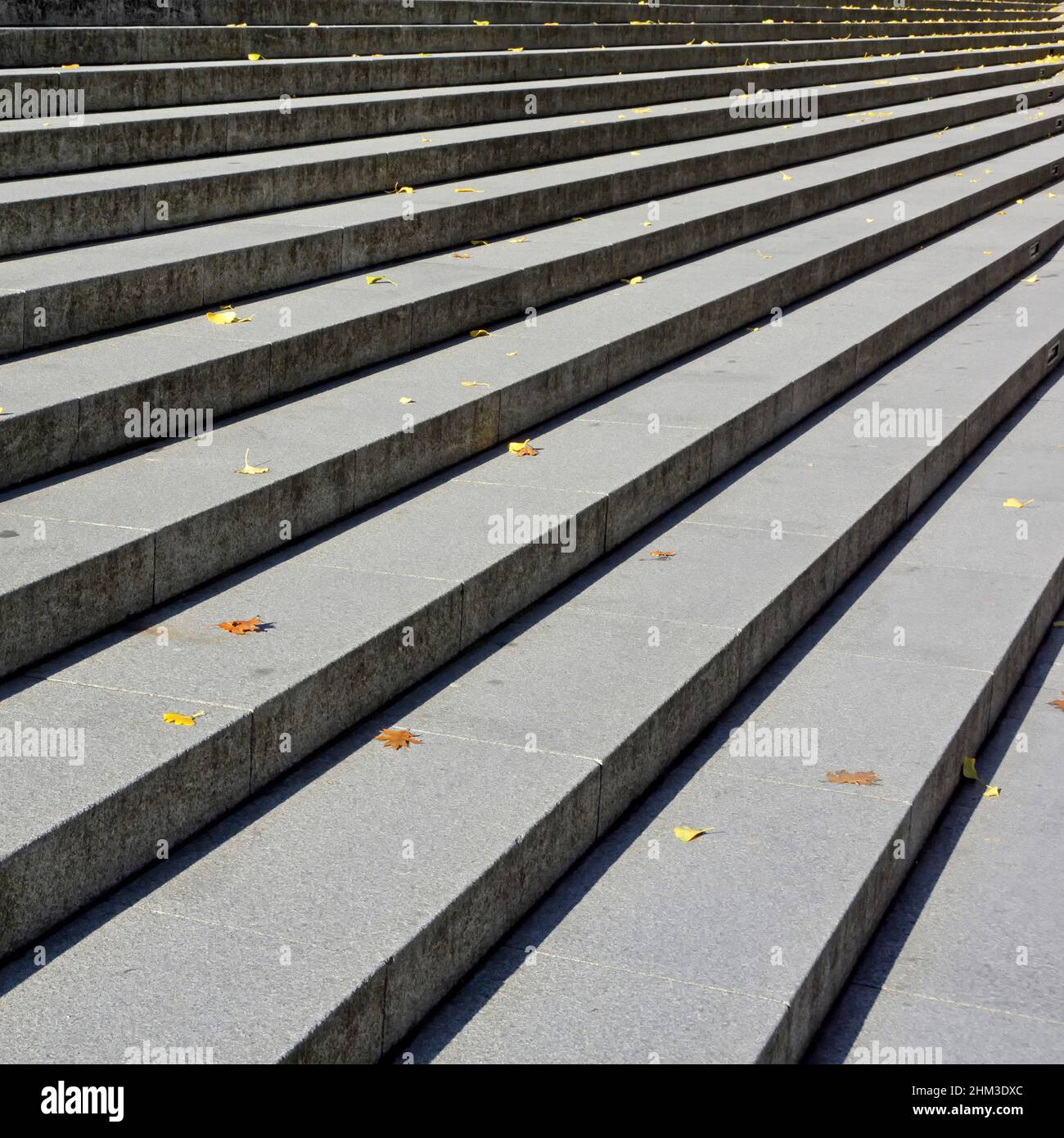 Close up straight line of long wide stone treads in sunshine risers in shadow on steps in the City of London sprinkled fallen autumn leaves England UK Stock Photo