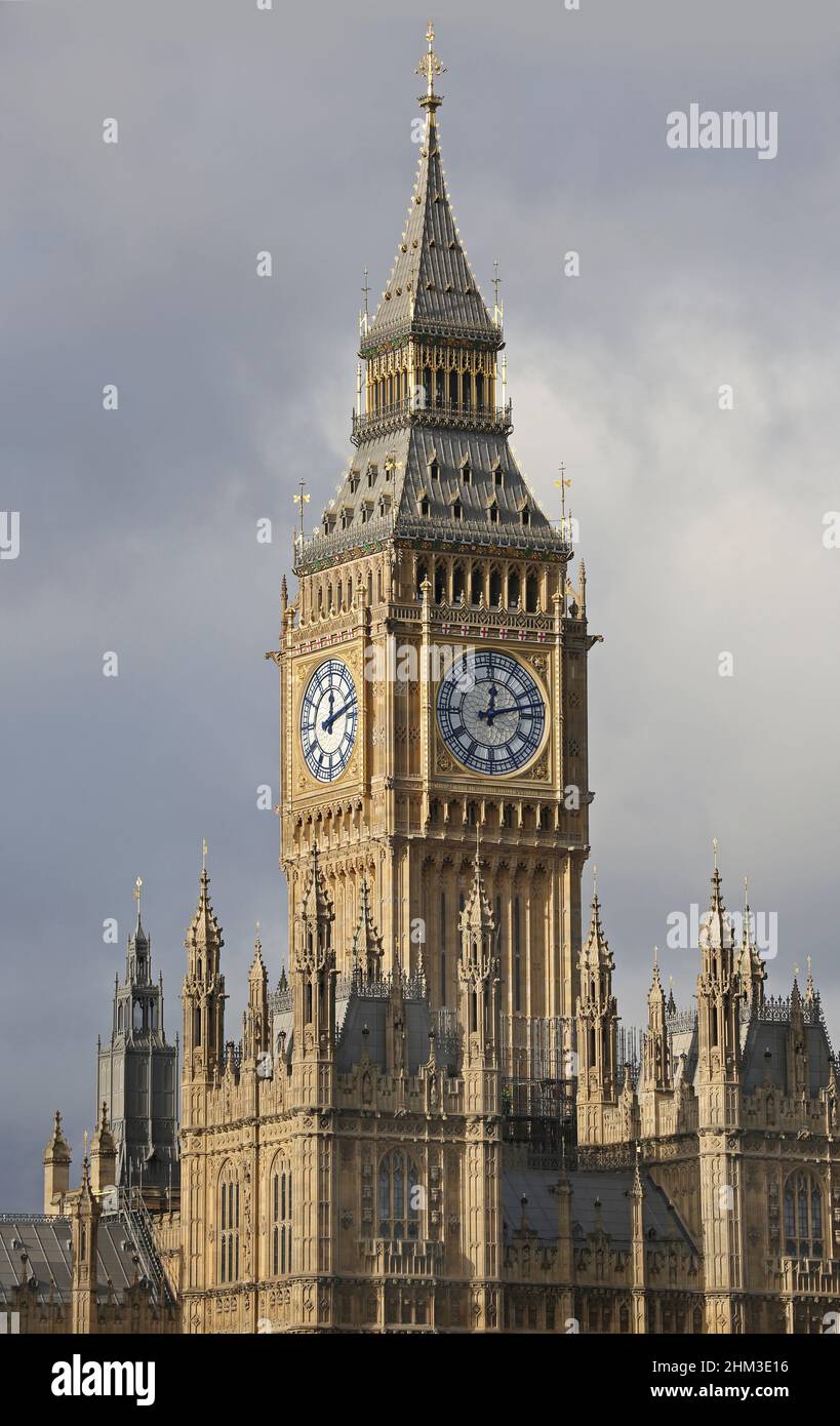 Big Ben, newly refurbished and free from scaffolding, Feb 2022. Part of the Houses of Parliament, Westminster, London, UK Stock Photo