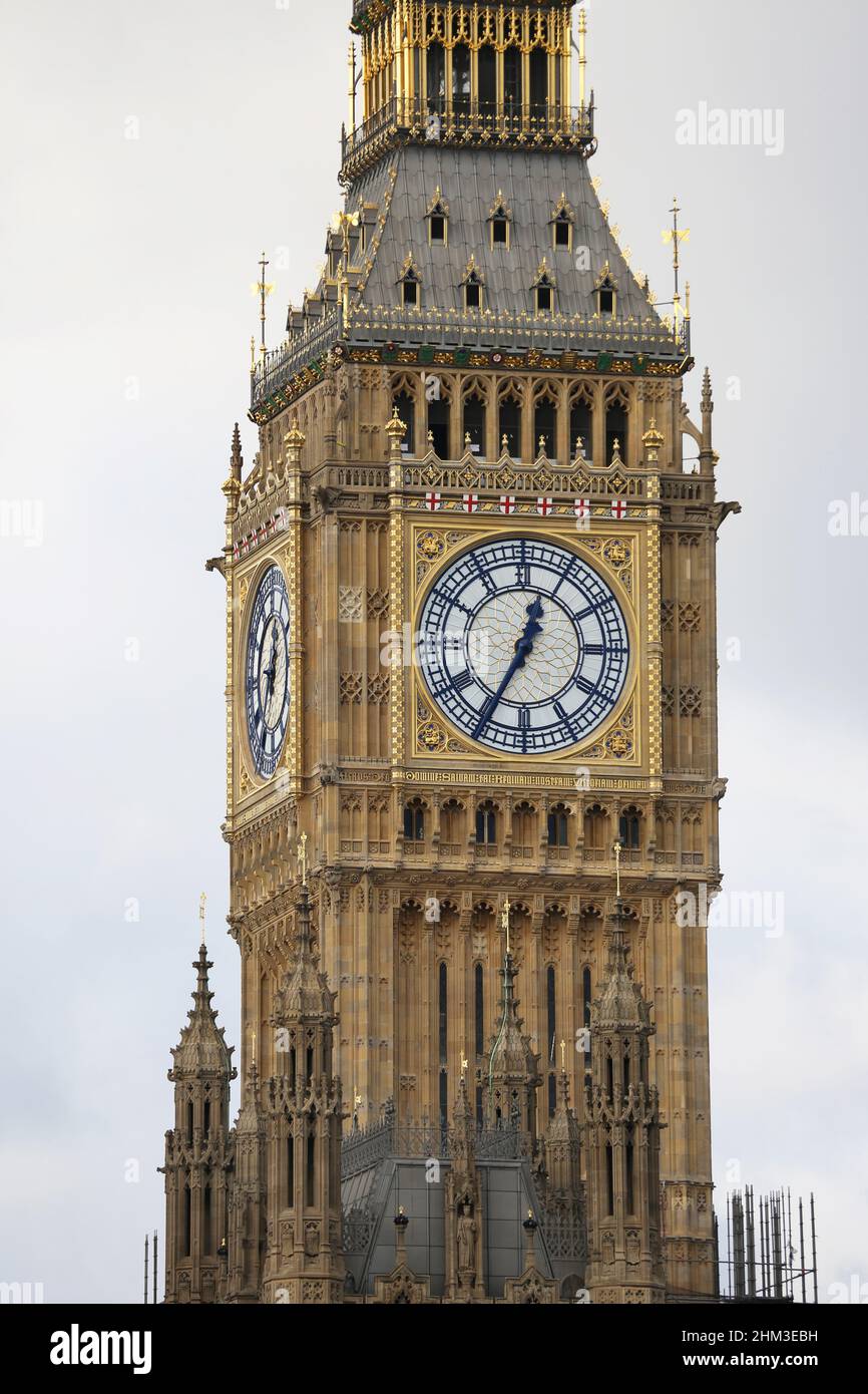 Big Ben, newly refurbished and free from scaffolding, Feb 2022. Part of the Houses of Parliament, Westminster, London, UK Stock Photo