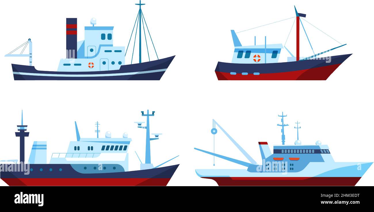 Fishing boats. Vessels with equipment for catching fish and transportation. Vehicles for water trip with ropes ant net. Cartoon commercial ships for seafood industry isolated vector set Stock Vector