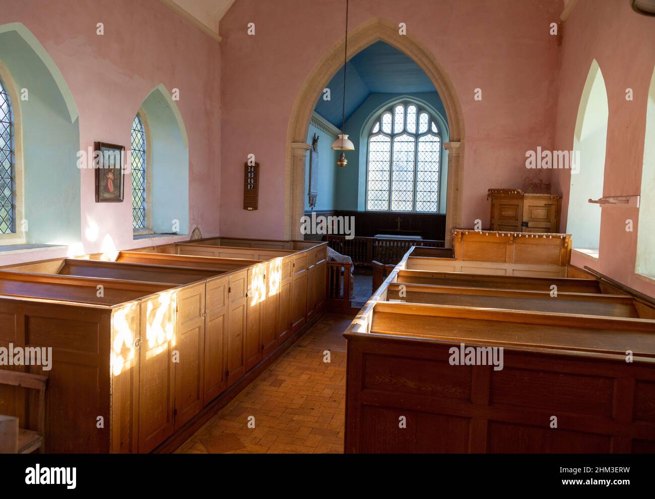Simple plain interior with wooden box pews, Shelland church, Suffolk ...