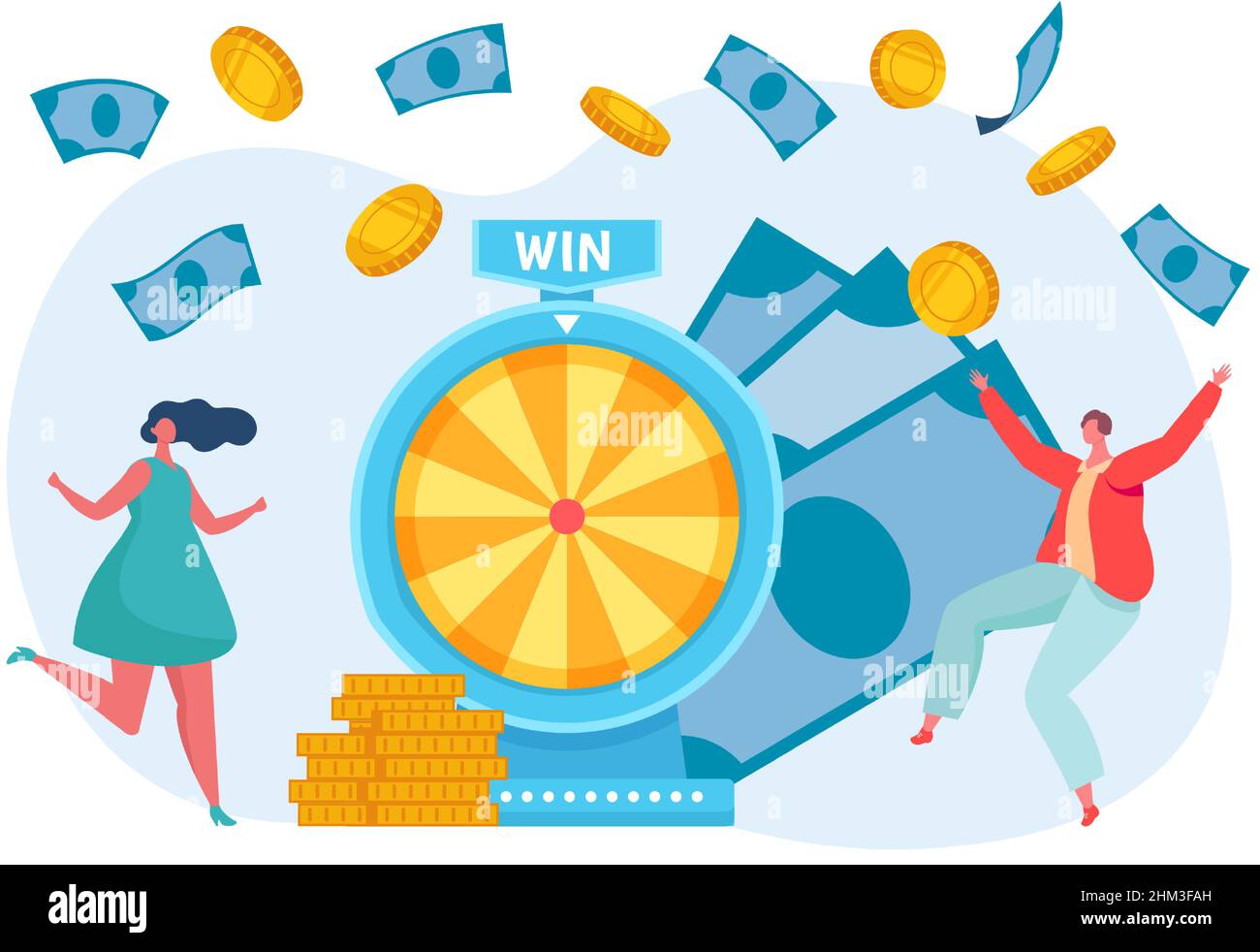 Lottery winner people. Male and female characters spinning wheel and getting prize. Man and woman winning jackpot, risking and getting money. Players successfully rotating machine vector Stock Vector