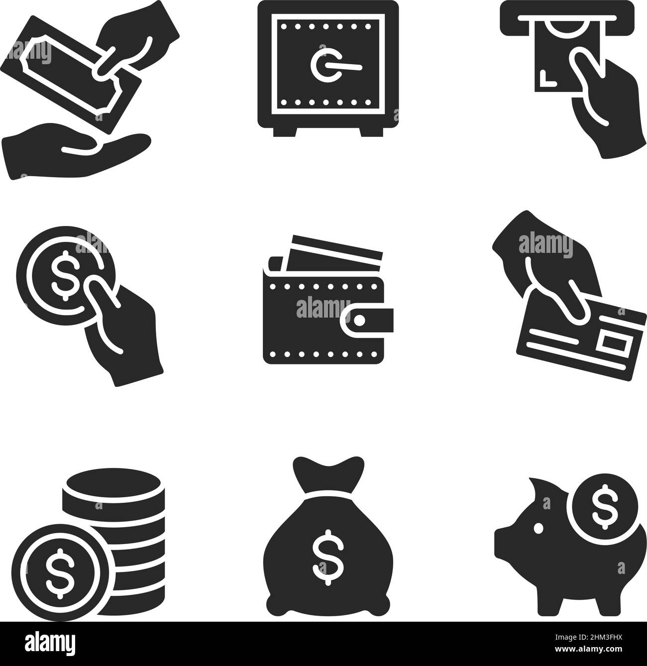 Money and finance icon. Currency exchange, payment and profit silhouette symbols. Hand giving money banknote, holding coin. Piggy bank for savings, big sack with income isolated vector set Stock Vector