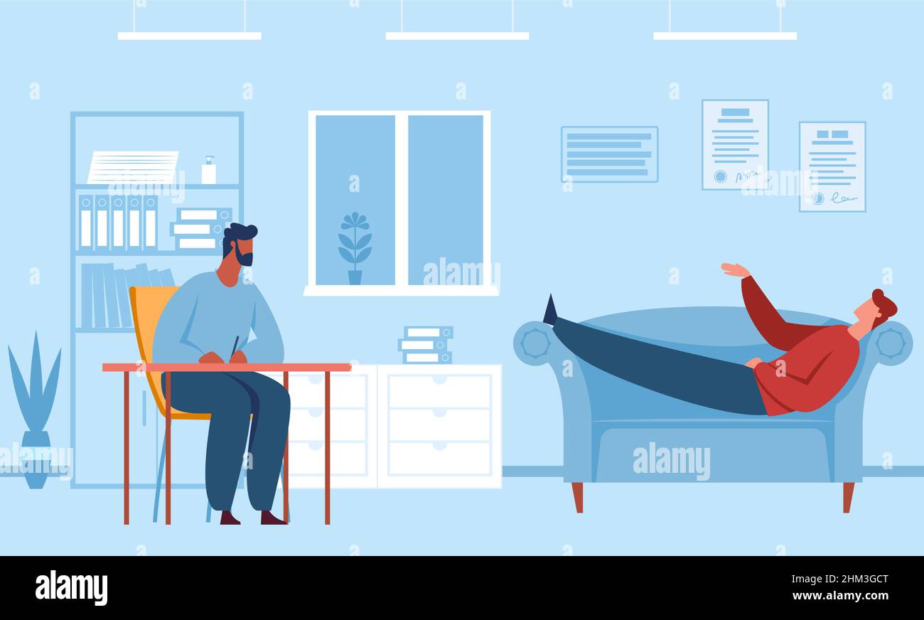 People at therapy session. Man lying on sofa and talking to male psychologist. Patient having depression, doctor supporting character and providing psychological help vector, medical assistance Stock Vector