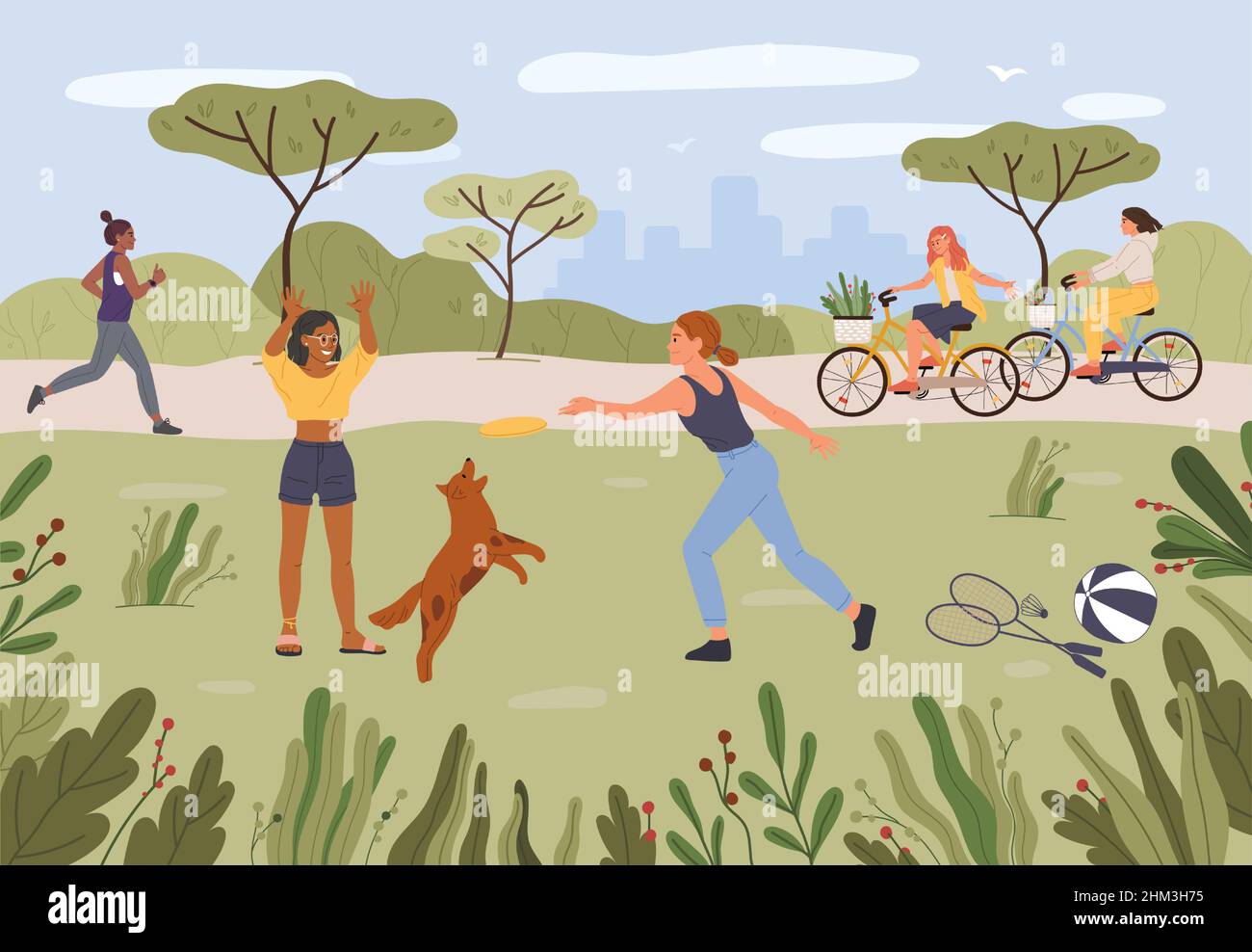 Cartoon people relaxing in park. Girls playing frisbee with dog pet on lawn. Female friends riding bicycle with baskets. Woman running outdoor. Active and healthy lifestyle outside vector Stock Vector