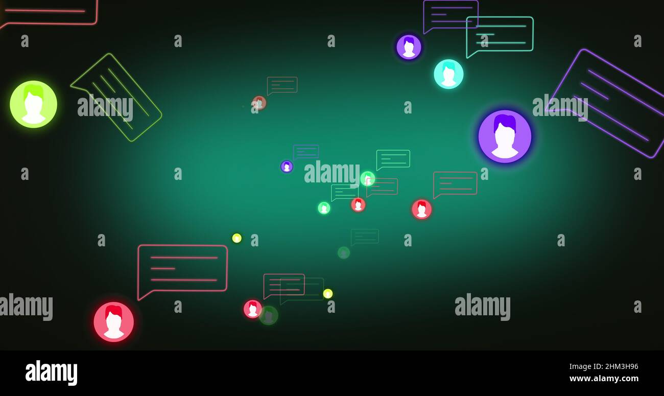 Image of media icons and speech bubbles on green background Stock Photo ...