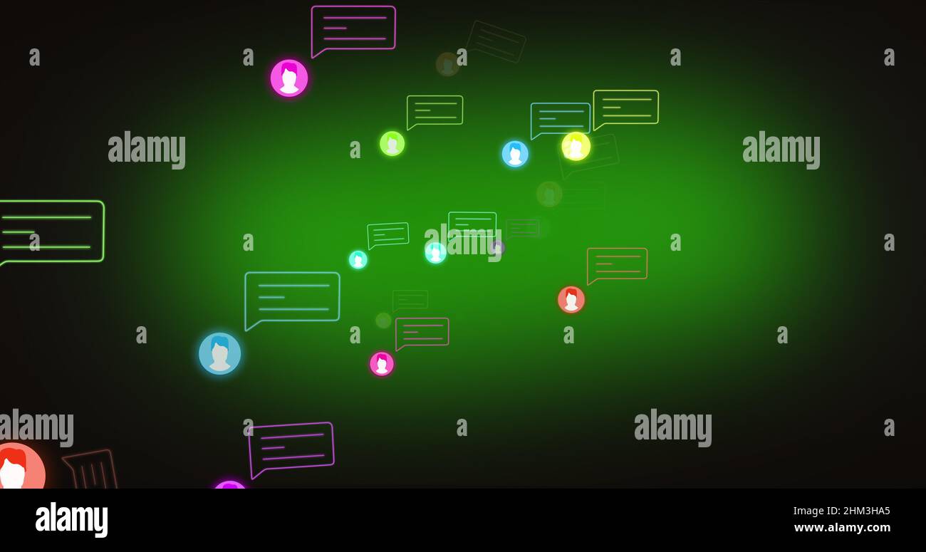Image of media icons and speech bubbles on green background Stock Photo ...