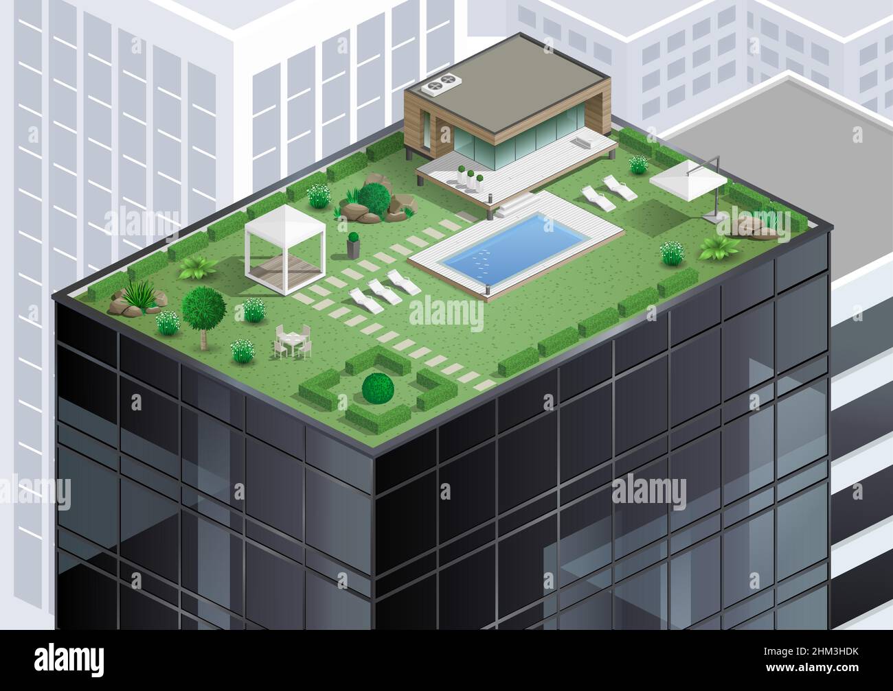 Cottage or bungalow, apartment with a pool on the roof of a skyscraper in the city. Alternative of agriculture. Vector graphics Stock Vector