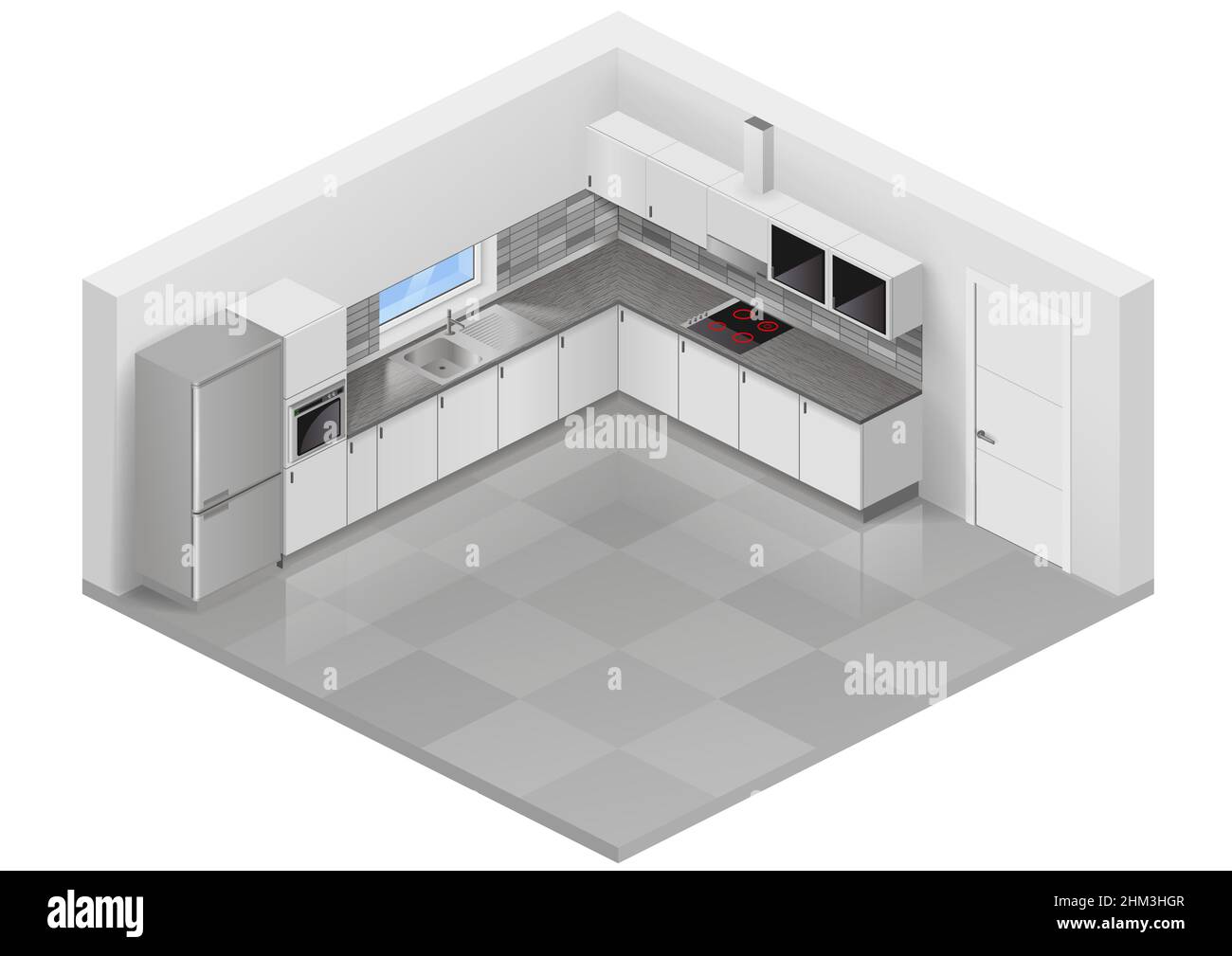 Modern white kitchen in isometric projection. Design scheme of interior furniture. Vector graphics Stock Vector