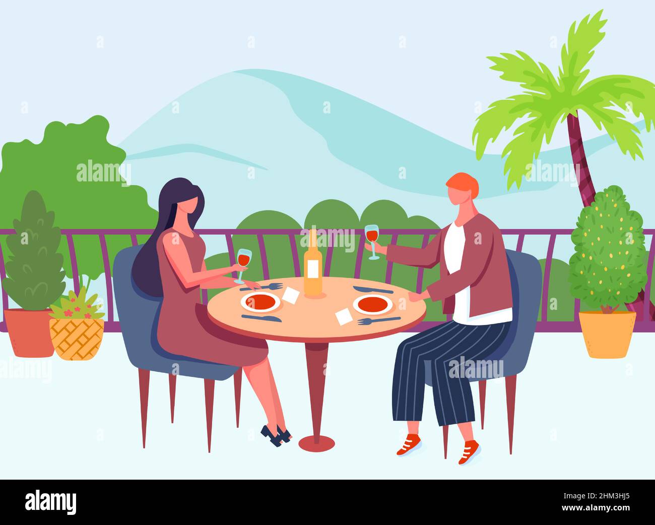 Romantic date on roof. Couple sitting at table and drinking wine. Man and woman relaxing on rooftop, having vacation. Love relationships, girlfriend and boyfriend resting together vector Stock Vector