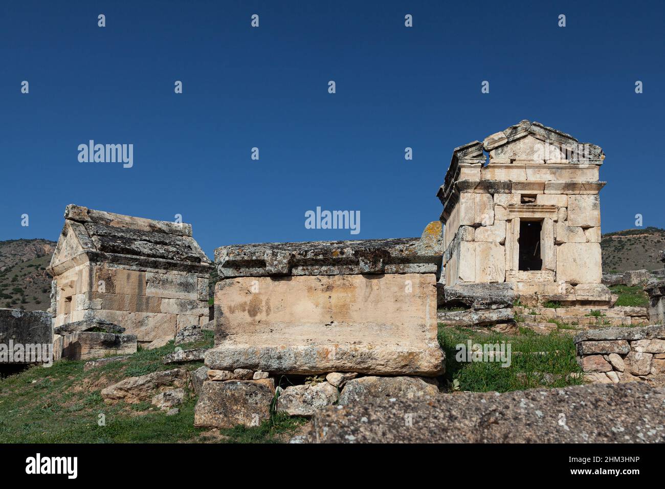 Pamukkale, Denizli, Turkey: April 03 2016: Necropolis of Hierapolis, Turkey (UNESCO World Heritage List, 1988) Stock Photo