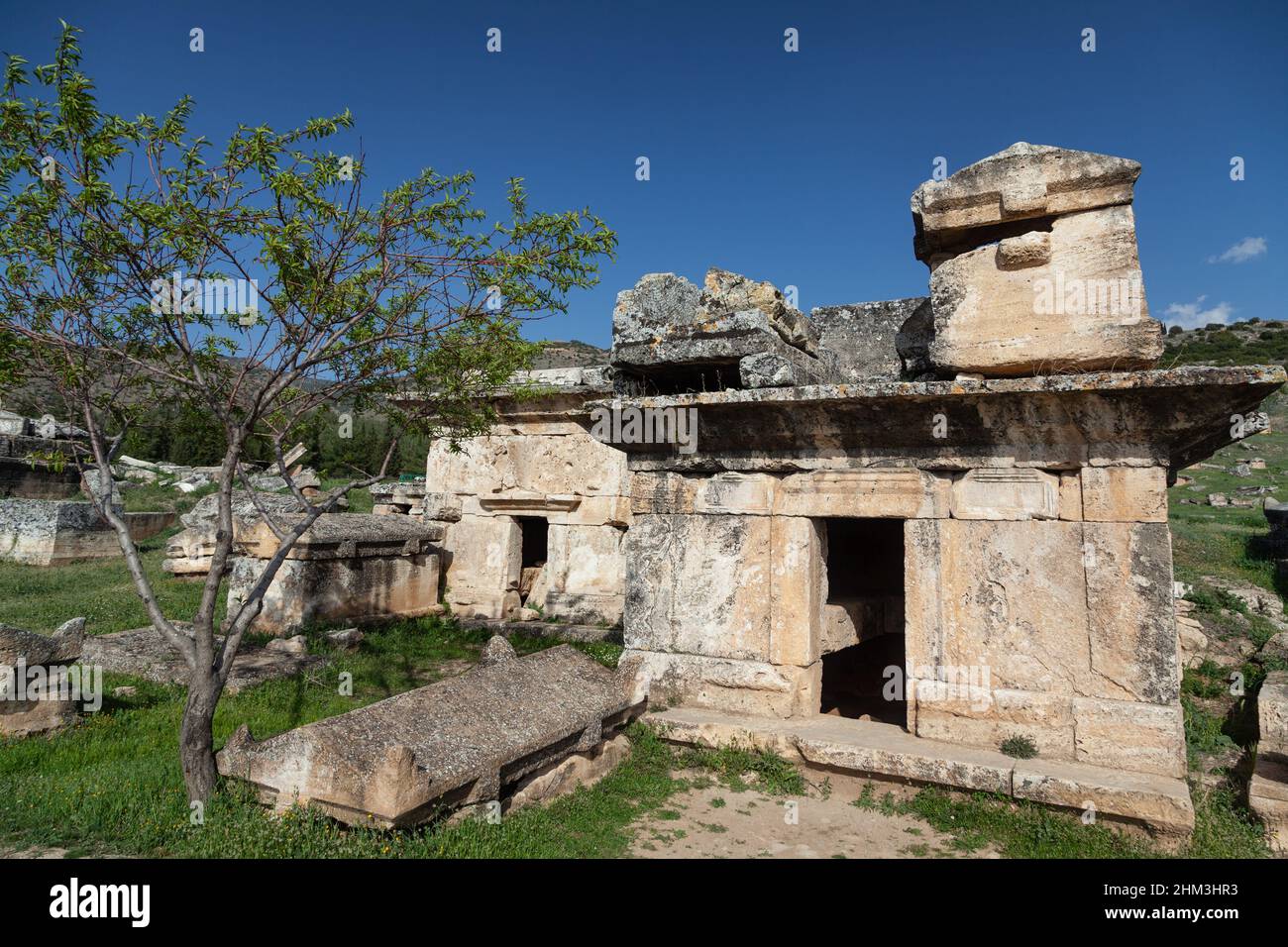 Pamukkale, Denizli, Turkey: April 03 2016: Necropolis of Hierapolis, Turkey (UNESCO World Heritage List, 1988) Stock Photo