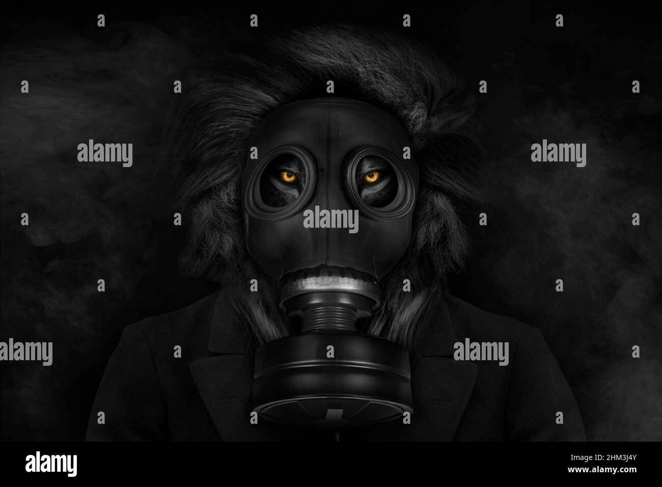 Lion wearing a gas mask , Man in the form of Lion , animal face isolated black white , Abstract Stock Photo