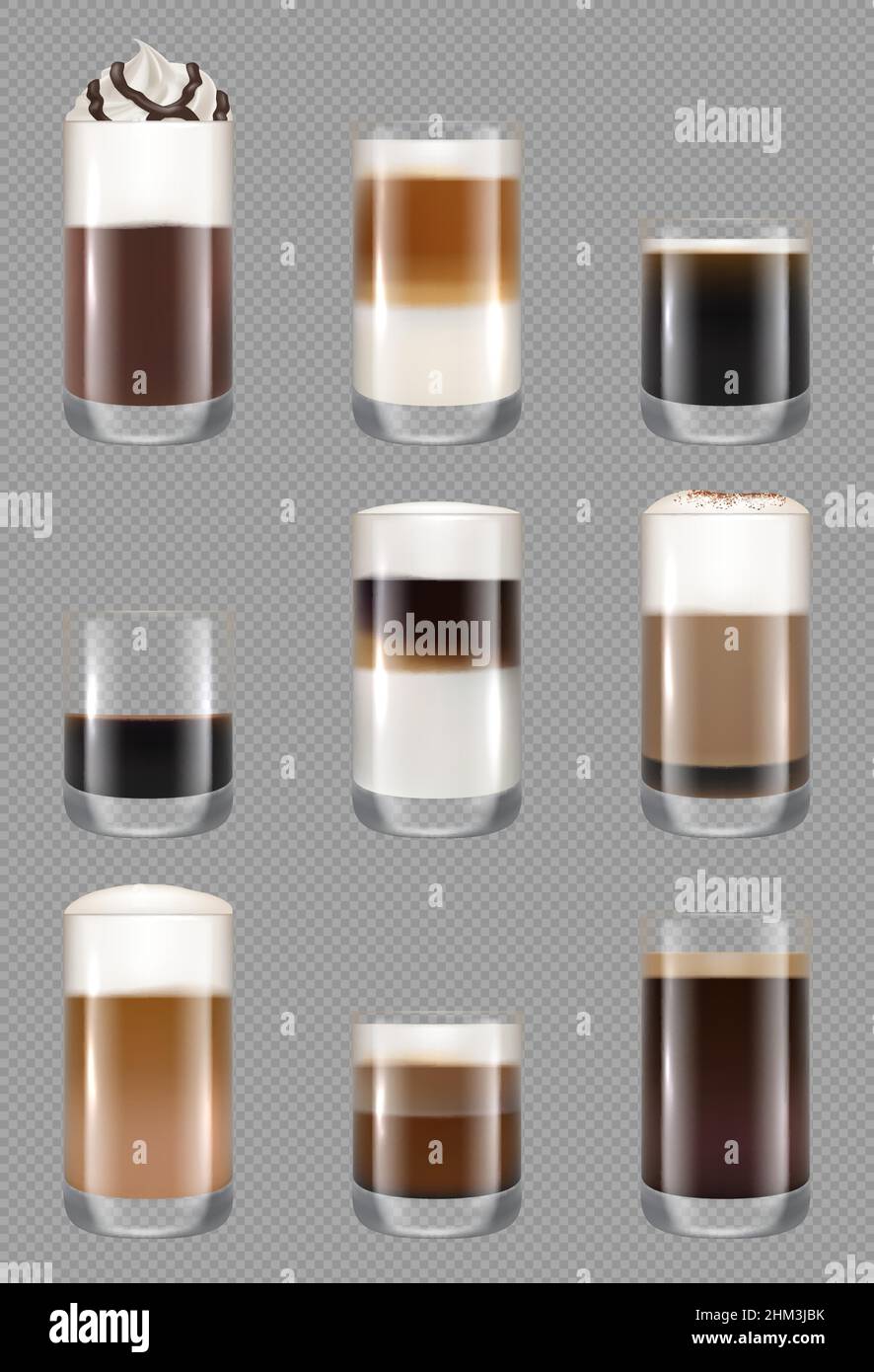 Coffee mug. Morning drinks in cups americano espresso beverage liquids black coffee with milk foam decent vector realistic illustration Stock Vector