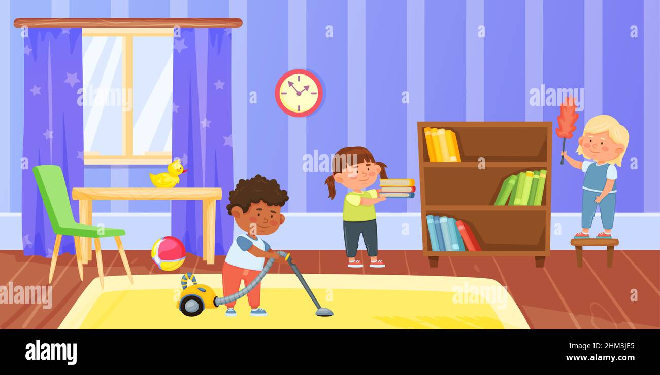 Cartoon kids doing housework in living room. Boy vacuuming carpet with