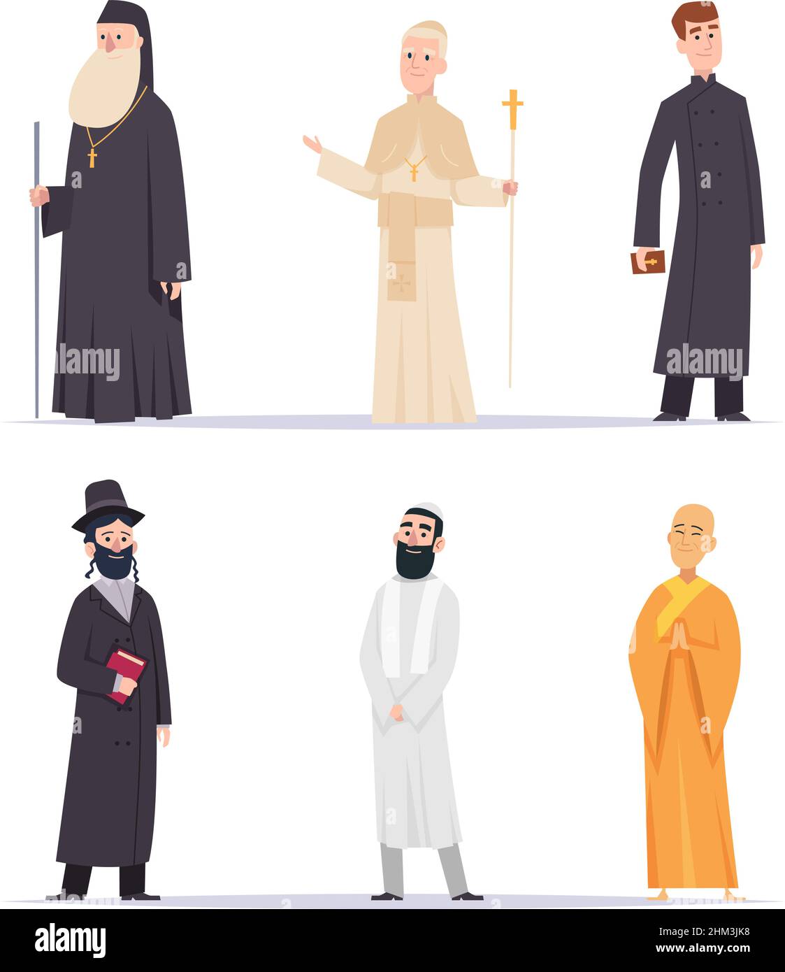 Religion leader. Hindus christianity characters arabic persons monk priest guru exact vector flat people in cartoon style Stock Vector