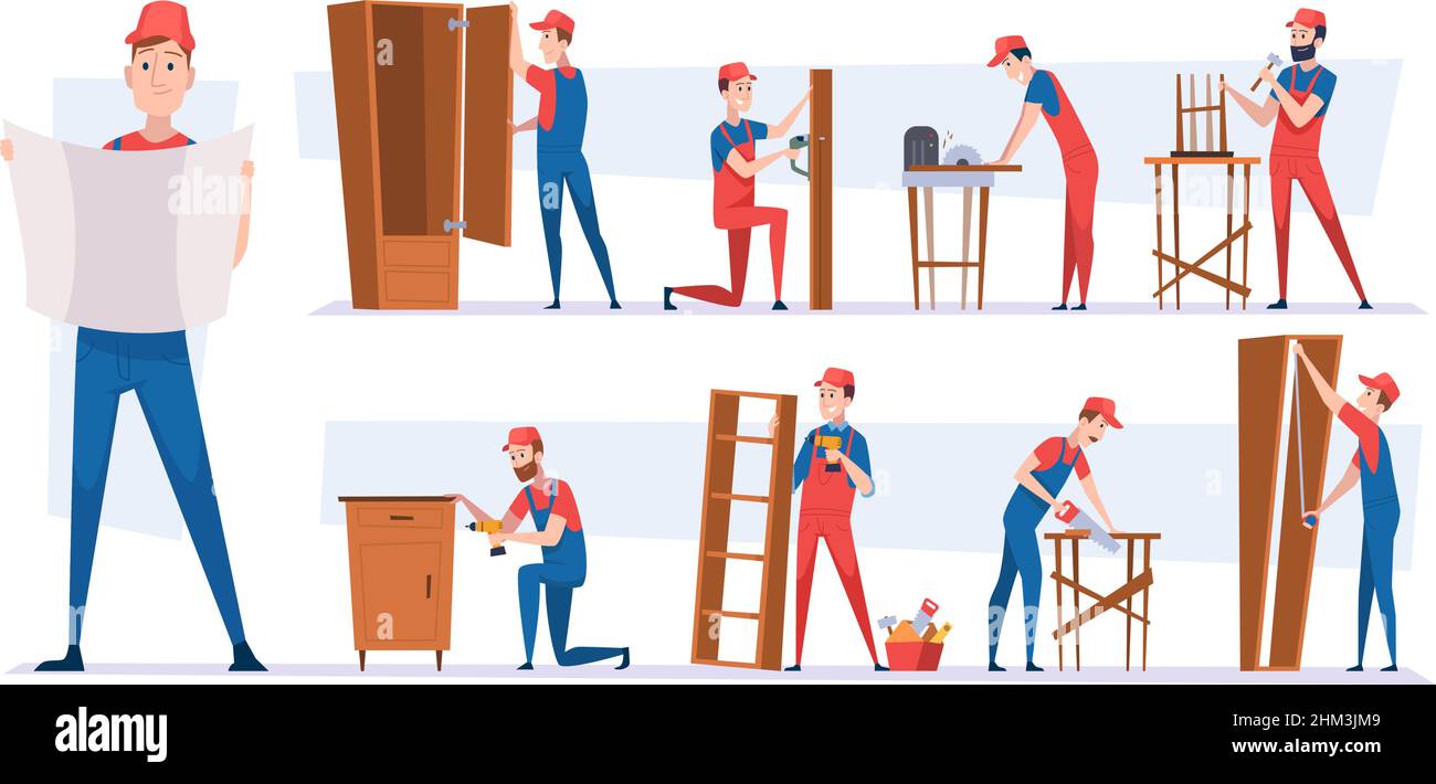 Carpenter workers. Handyman characters installing modern wooden furniture making wardrobes tables and chairs craft team exact vector cartoon illustra Stock Vector
