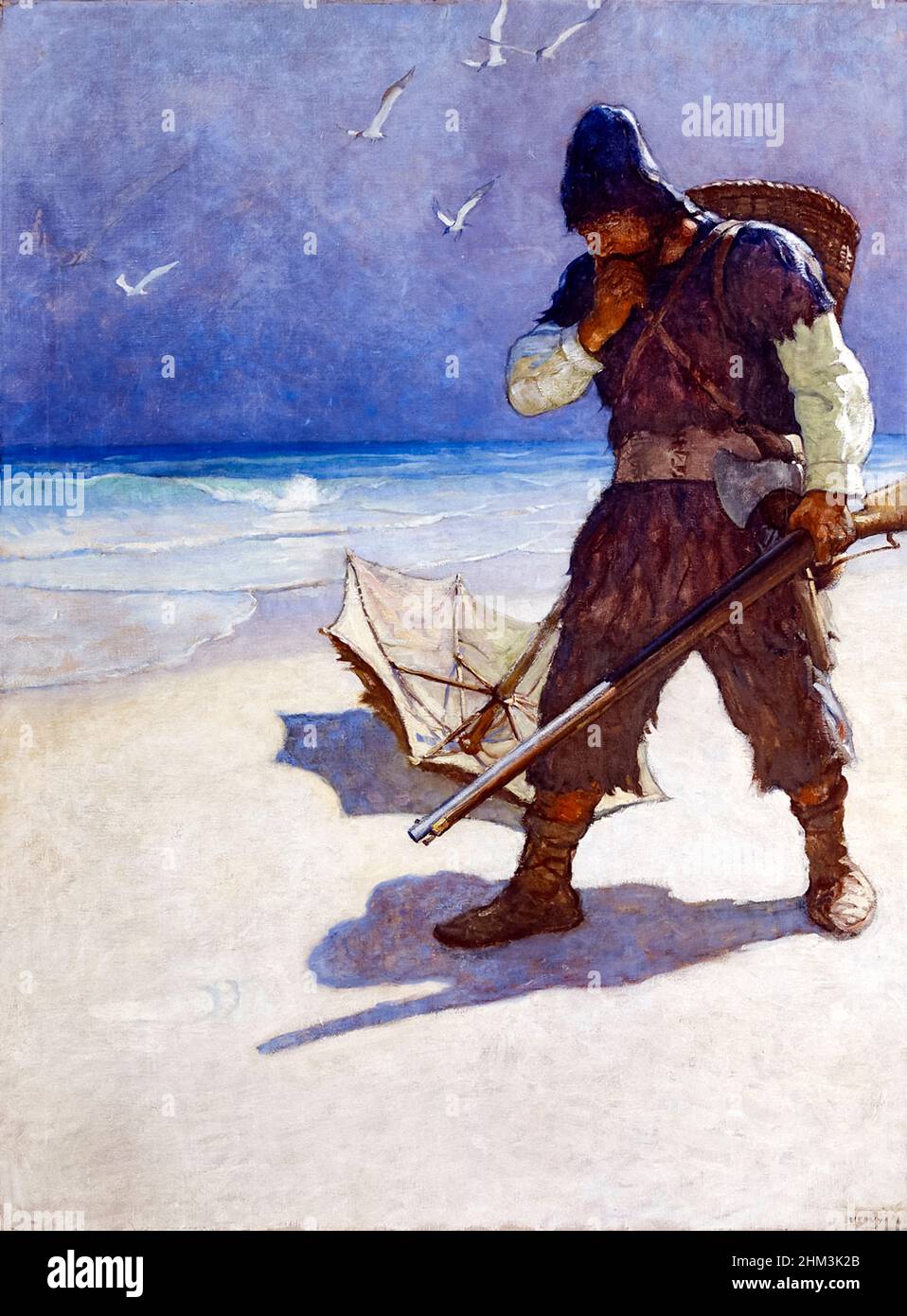 “I Stood Like One Thunderstruck, or As if I Had Seen an Apparition” from “The Life and Strange Surprising Adventures of Robinson Crusoe, or York, Mariner” by Daniel Defoe (1660-1731) showing the moment Crusoe discovers a footprint. Painting by Newell Convers Wyeth (1882-1945) published in a 1920 edition of the book. Stock Photo