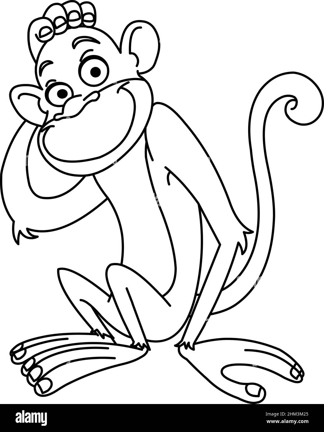 Outlined monkey scratching his head thinking. Vector line art illustration coloring page. Stock Vector