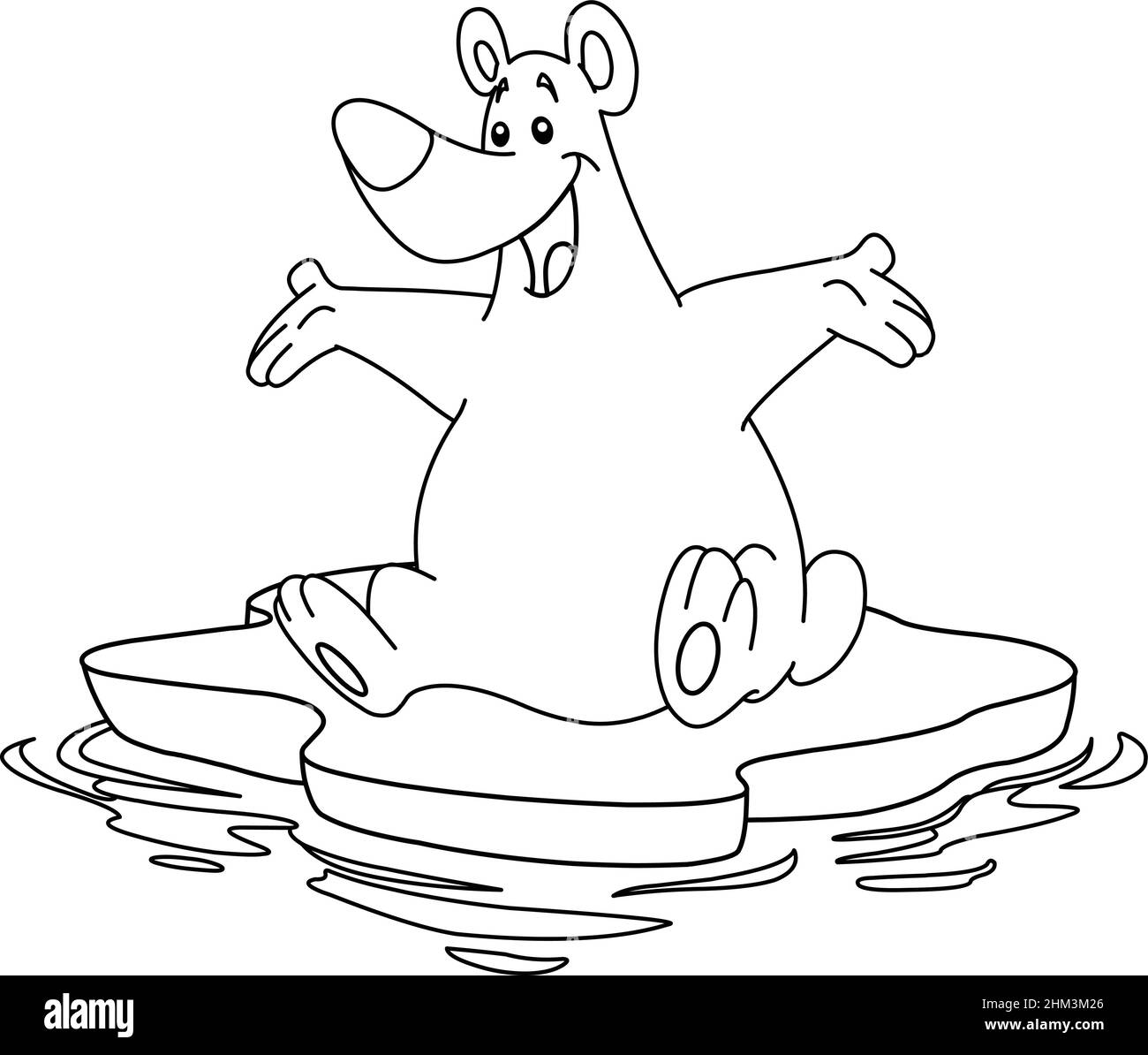 Outlined happy polar bear sitting on an ice floe iceberg. Vector line art illustration coloring page. Stock Vector