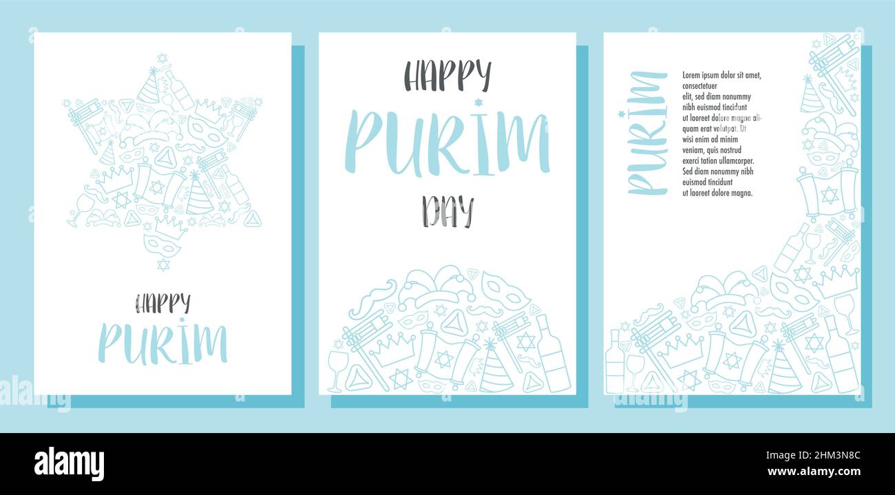 Happy Purim day greeting cards set. Vector illustration Stock Vector