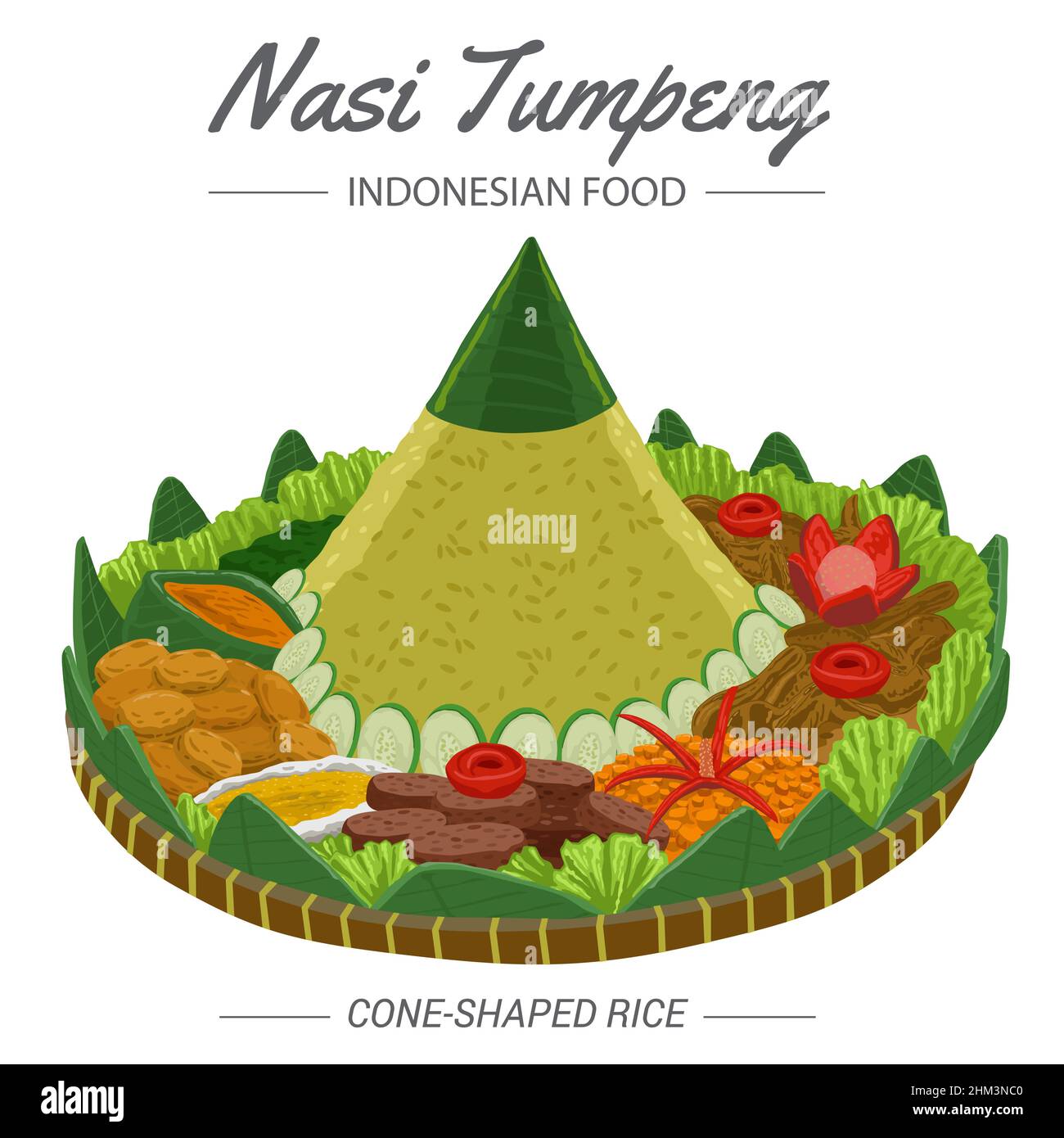 Nasi Tumpeng is cone-shaped rice with side dishes and garnishes around it from Indonesia. Stock Vector