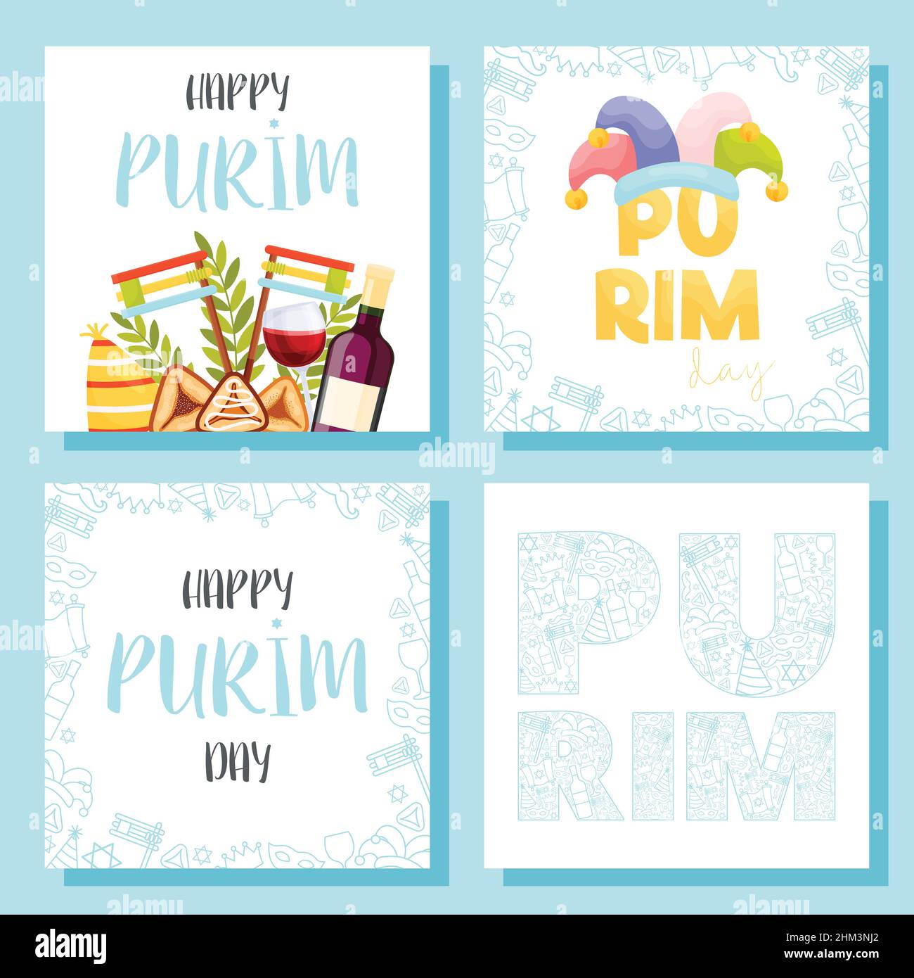 Happy Purim day greeting cards set. Vector illustration Stock Vector