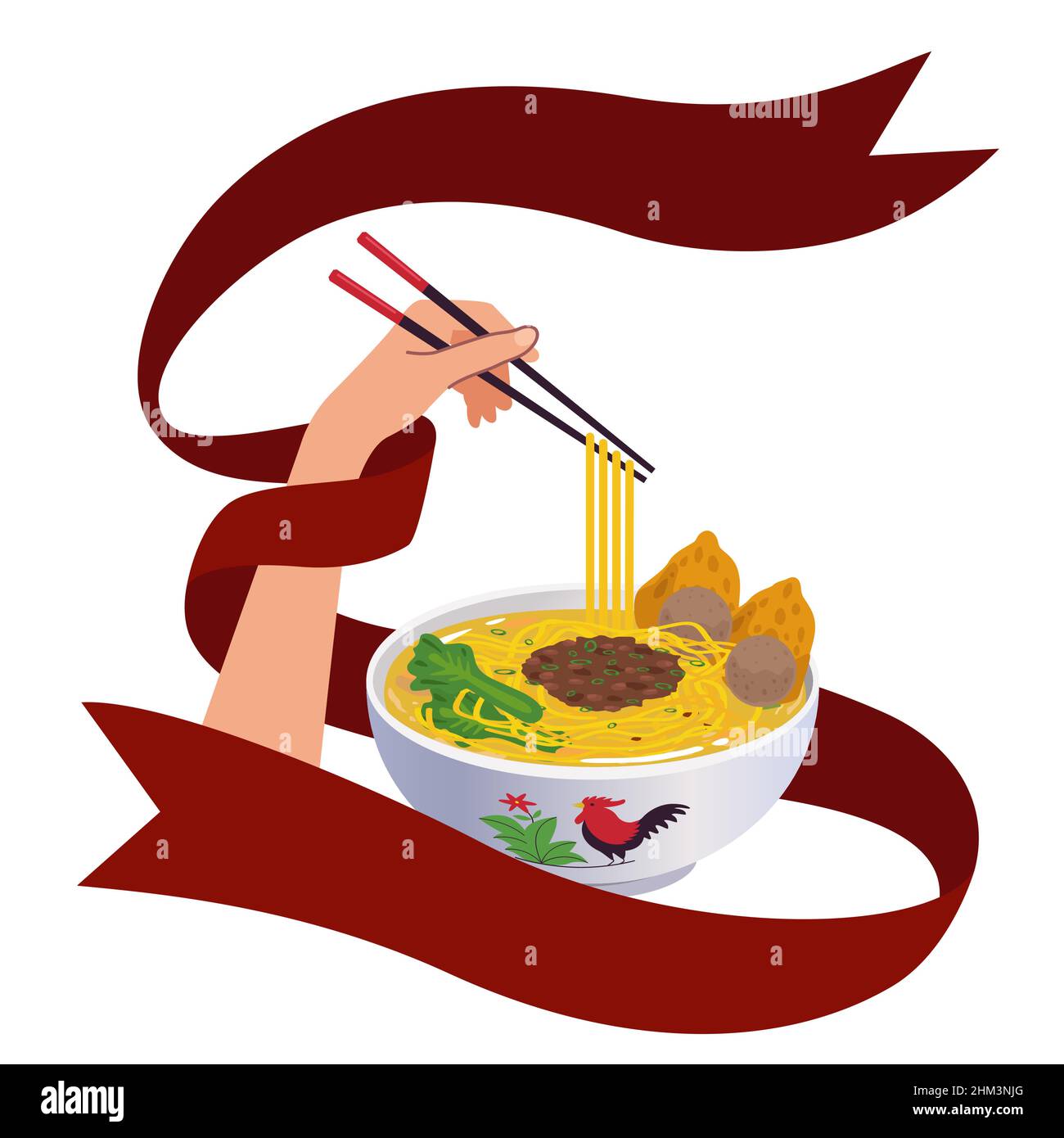 Illustration Or Vector Hands Holding Chopstick And Noodles On