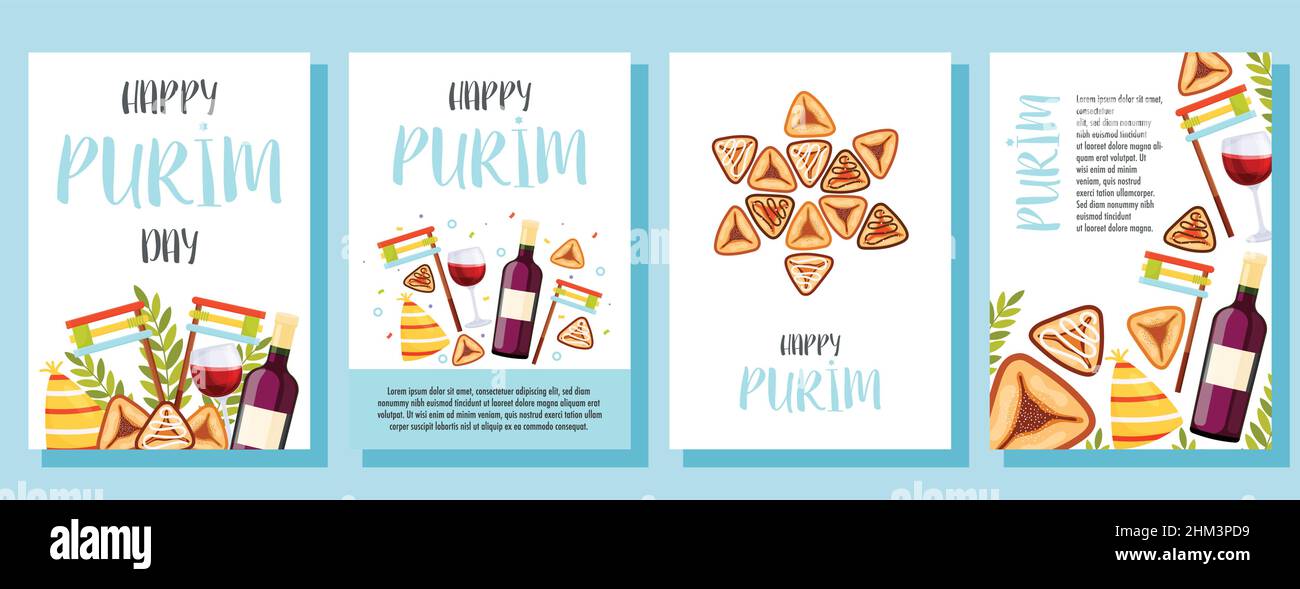 Happy Purim day greeting cards set. Vector illustration Stock Vector