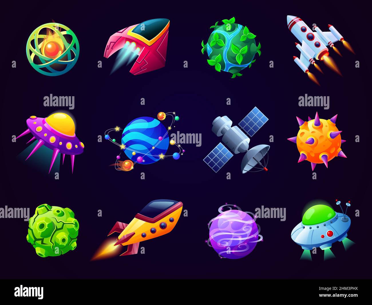 Cartoon and spaceships. Game spaceship, beautiful space orbit