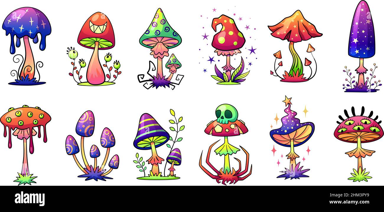 Hallucination mushrooms. Psychedelic mushroom set, hippie funky groovy 1970s forest plants. Decorative garish rainbow colors vector elements Stock Vector