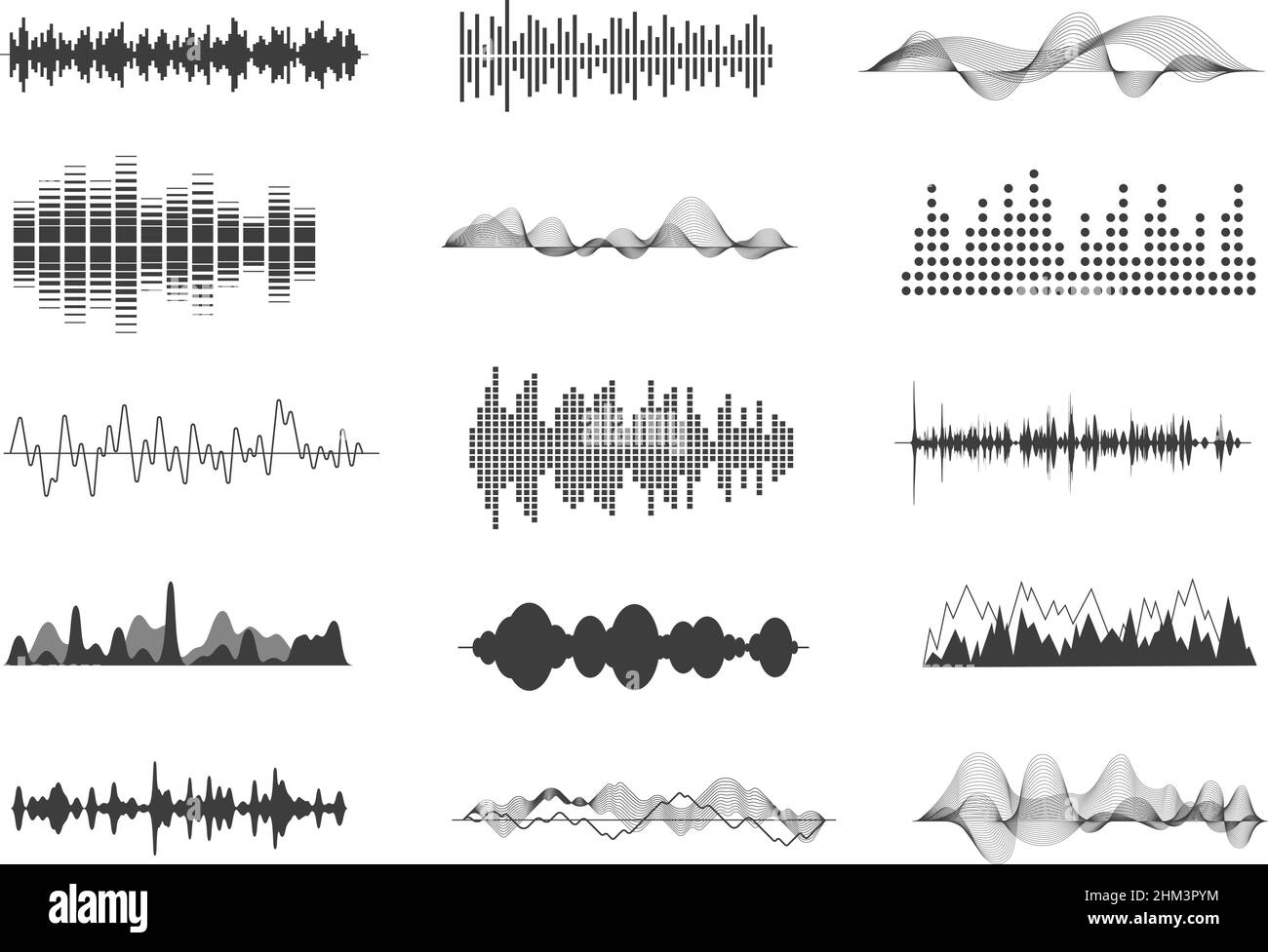 Sound waves. Musical sounds, black wave tracks. Music impulse waveform icons. Voice radio audio track. Exact signal amplitude vector collection Stock Vector